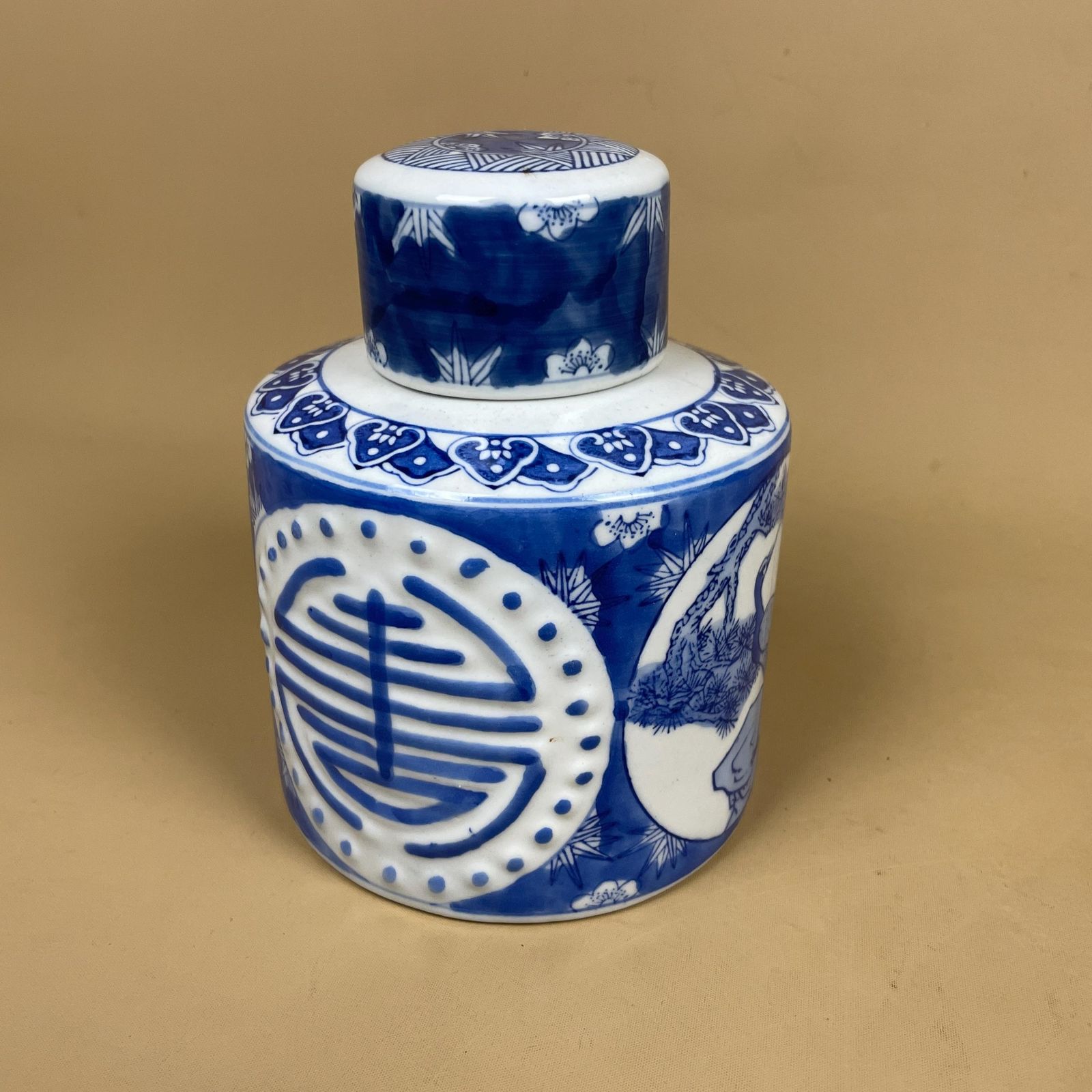 Oriental Blue White Ceramic Ginger Jar Cylinder Chinoiserie Lidded Pot Jar Asian Style Home Accent Stalk photo buy