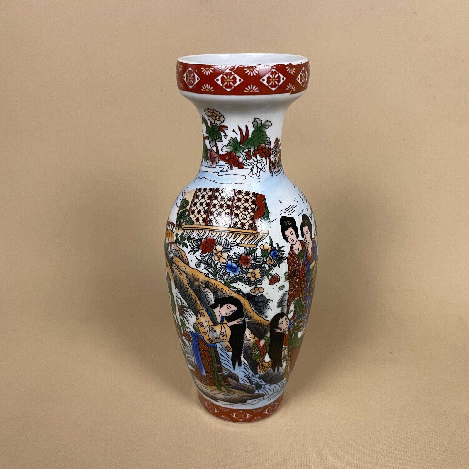 Oriental Ceramic Figural Vase Chinese Style Decorated Red Display Ornament Asian Home Decor Chinoiserie Scenic Picture photo for sale