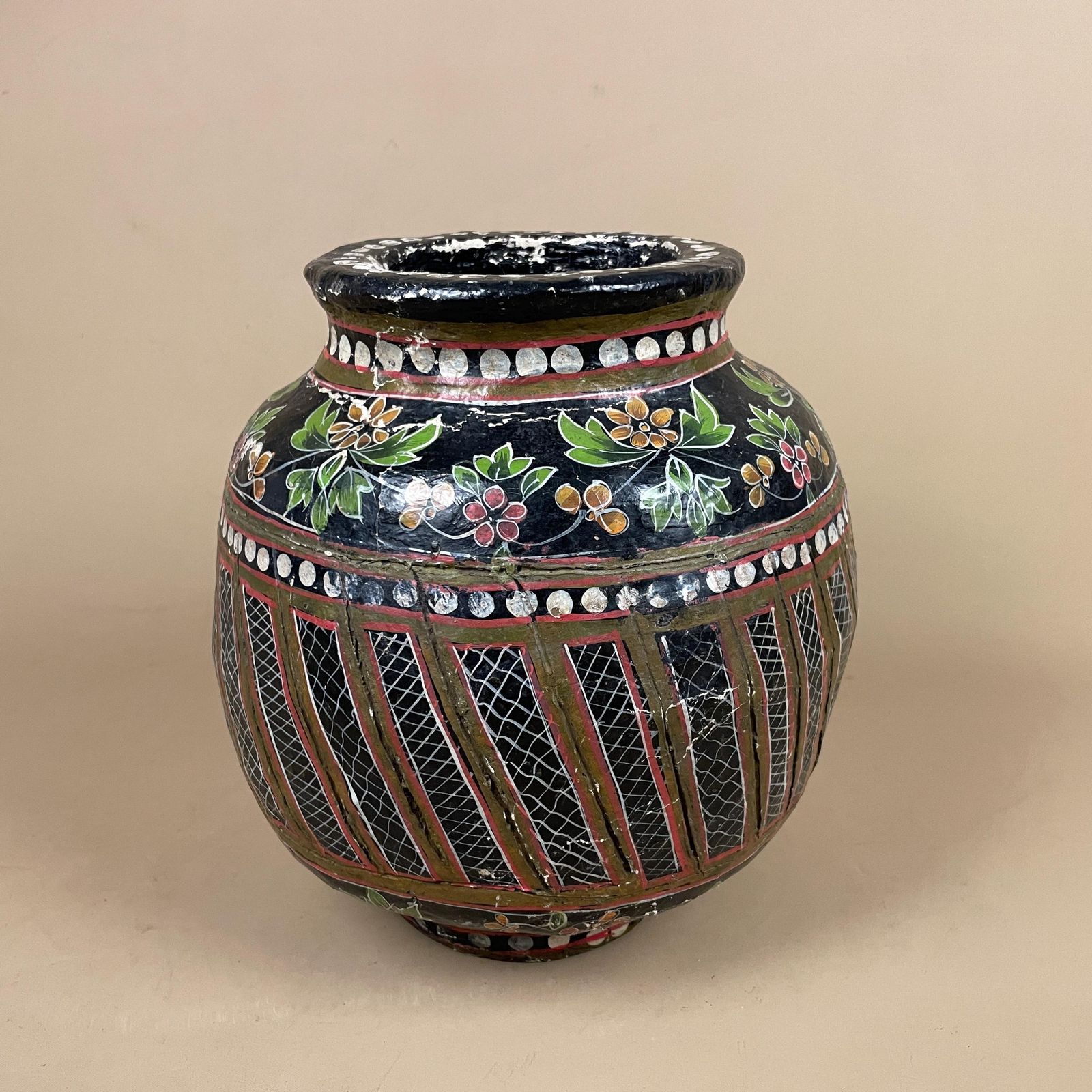 Kashmiri Style Paper Mache Floral Pot Black Hand Painted Indian Folk Art Vase Boho Home Decor Asian Vintage photo furniture
