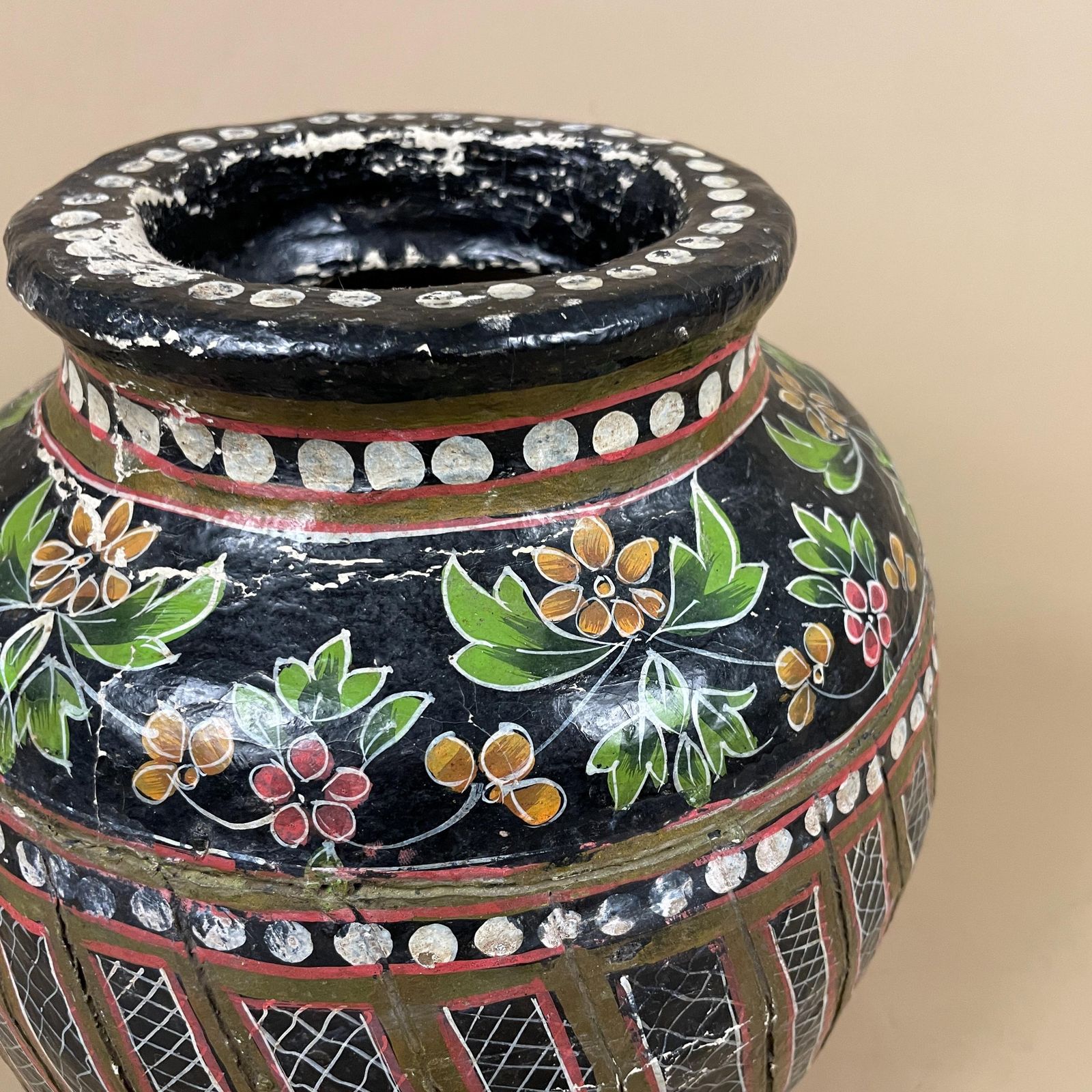 Kashmiri Style Paper Mache Floral Pot Black Hand Painted Indian Folk Art Vase Boho Home Decor Asian Vintage photo for sale
