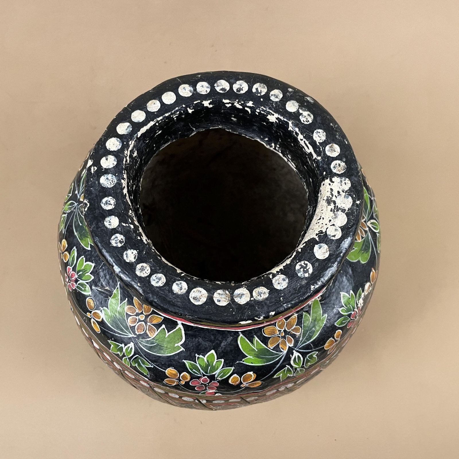 Kashmiri Style Paper Mache Floral Pot Black Hand Painted Indian Folk Art Vase Boho Home Decor Asian Vintage photo buy