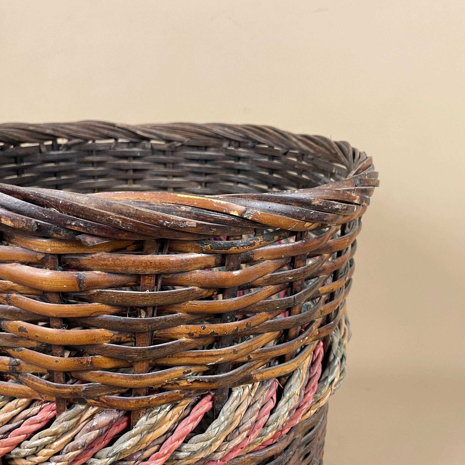 Vintage Dark Wicker Basket Tall Handwoven Storage Basket With Twisted String Detail Rustic Boho Home Decor Natural Weave photo 65.0