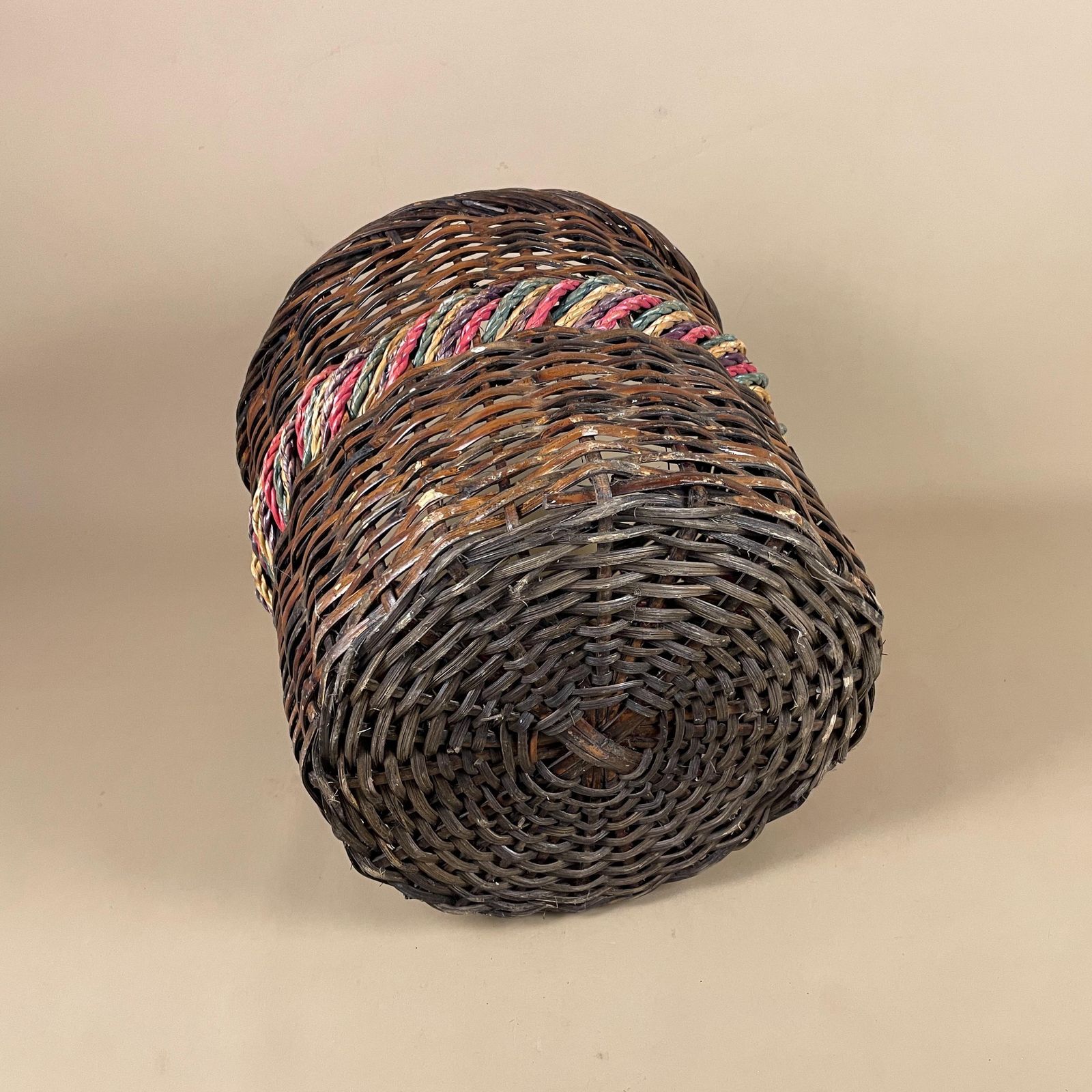 Vintage Dark Wicker Basket Tall Handwoven Storage Basket With Twisted String Detail Rustic Boho Home Decor Natural Weave photo vintage