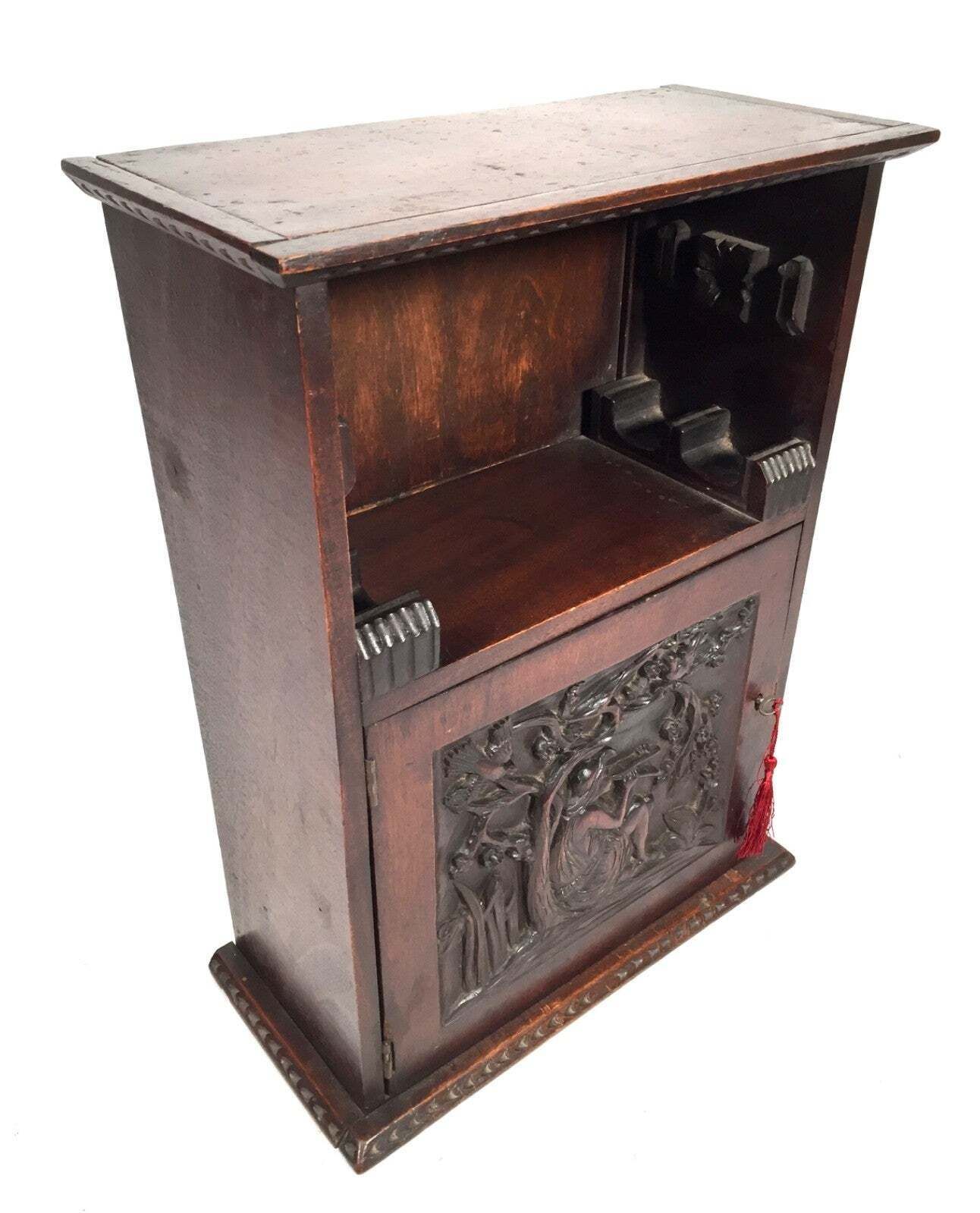 Antique 1920s Wooden Hand Carved Smokers Cabinet / Cupboard / Box With Key photo furniture