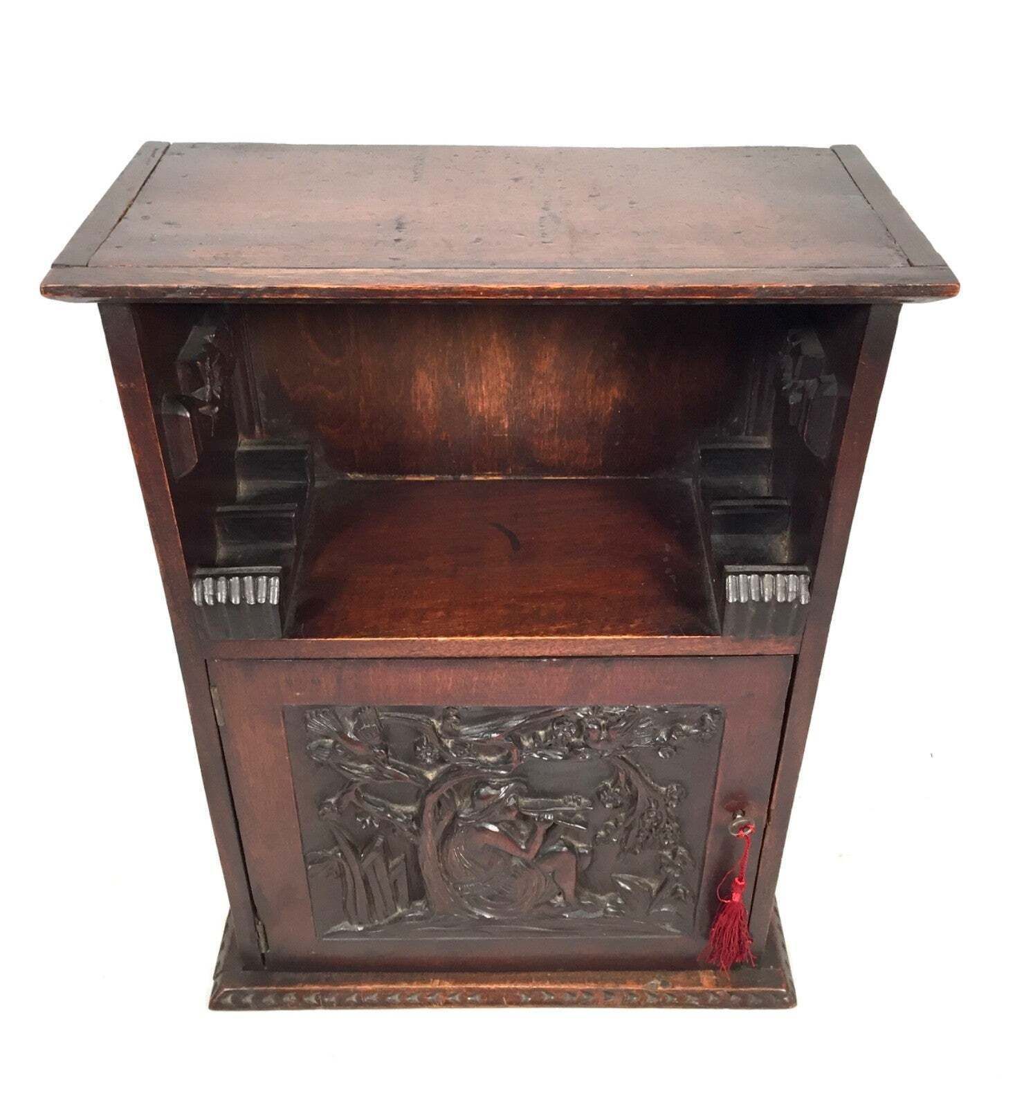 Antique 1920s Wooden Hand Carved Smokers Cabinet / Cupboard / Box With Key photo vintage