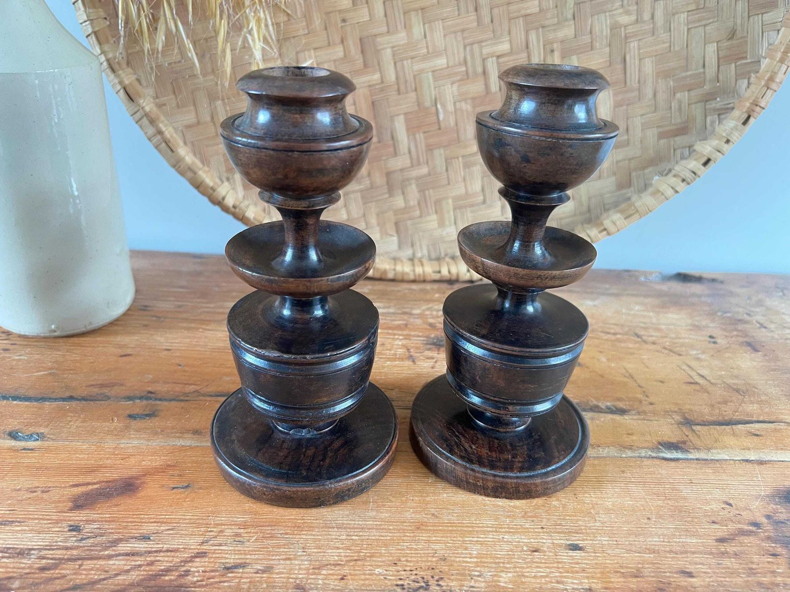 Antique Mahogany Hand Turned Candlesticks, Pair Of Georgian Style Wooden Taper Holders, Victorian Library Decor, Dark Wood Treen