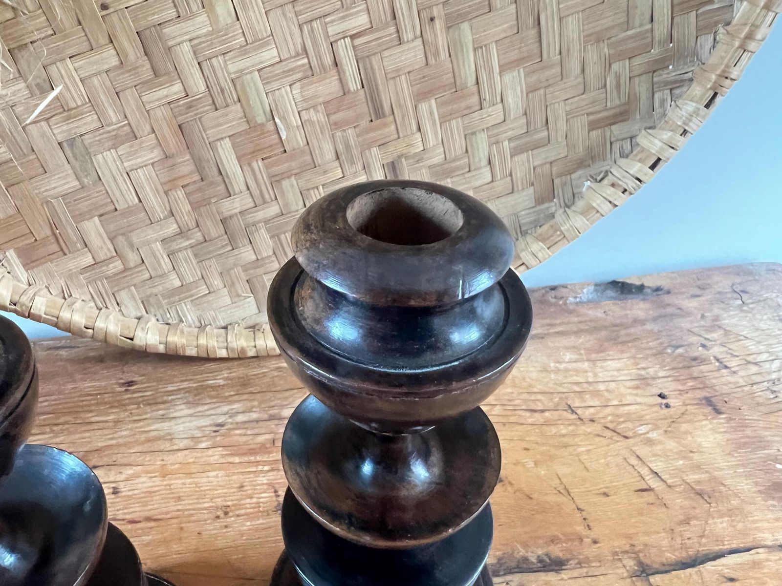 Antique Mahogany Hand Turned Candlesticks, Pair Of Georgian Style Wooden Taper Holders, Victorian Library Decor, Dark Wood Treen photo vintage