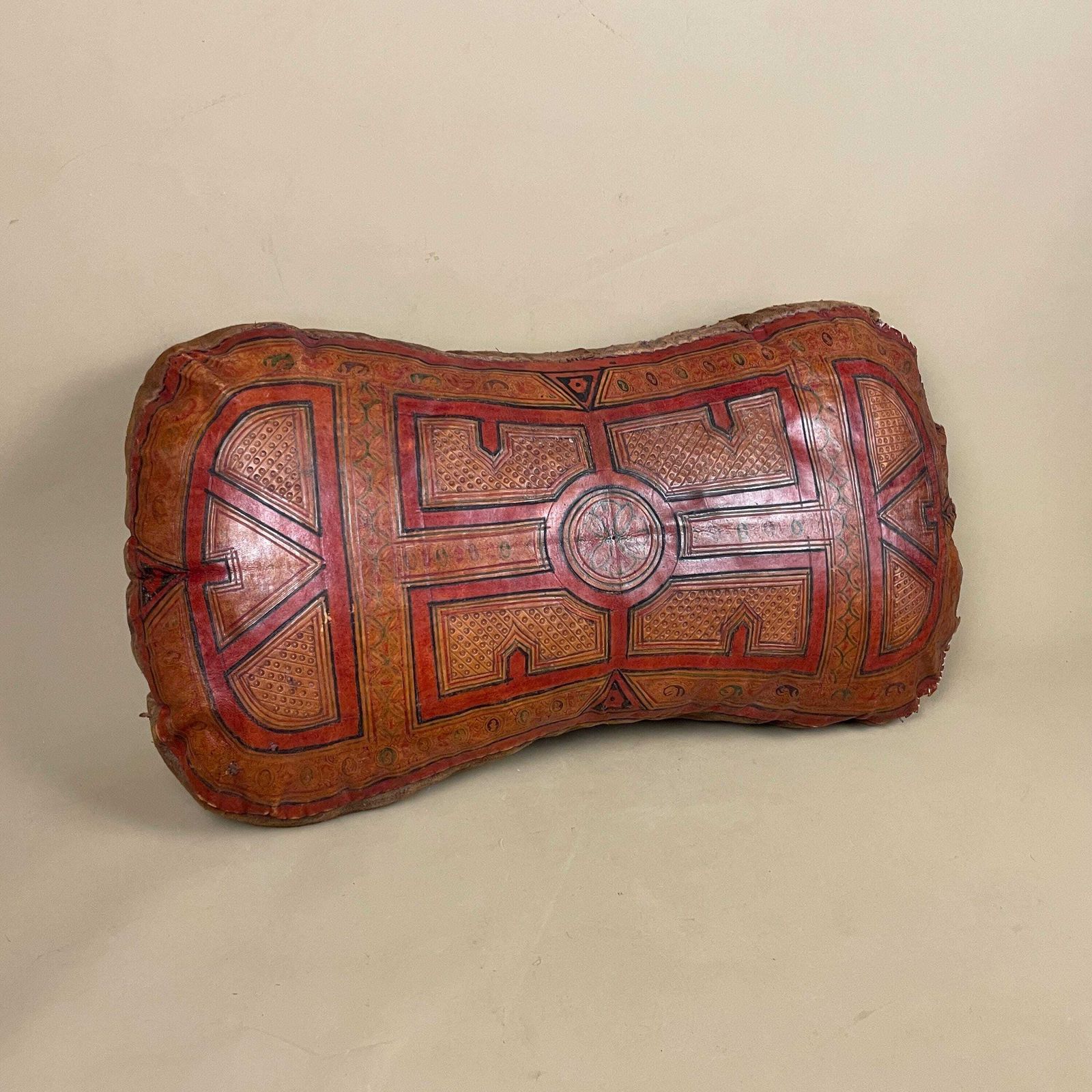 Moroccan Leather Cushion Red Hand Tooled Pouf Pillow Vintage Decor Sofa Pillow Boho Ottoman Handmade Brown Geometric Pattern photo for sale
