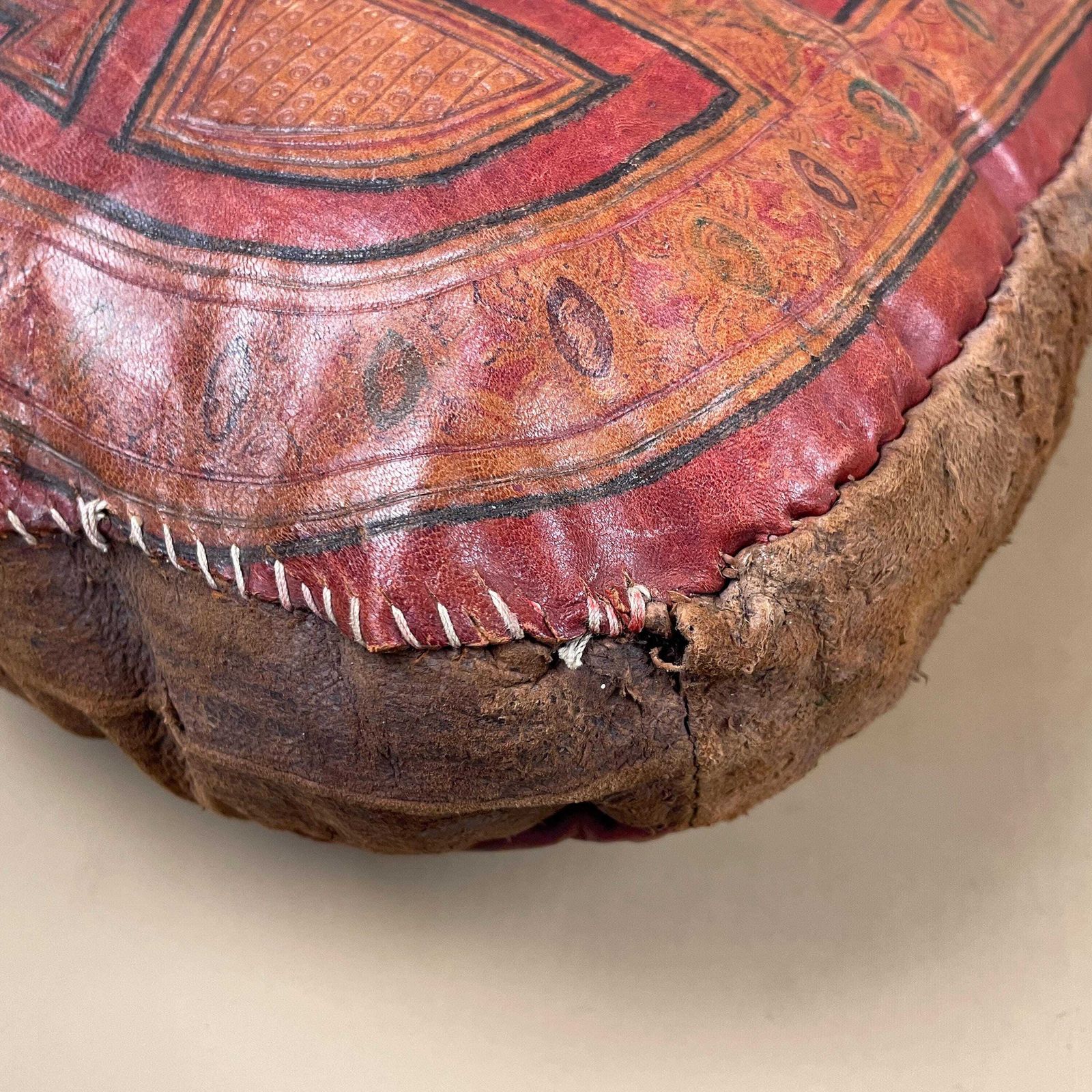 photo furniture Moroccan Leather Cushion Red Hand Tooled Pouf Pillow Vintage Decor Sofa Pillow Boho Ottoman Handmade Brown Geometric Pattern
