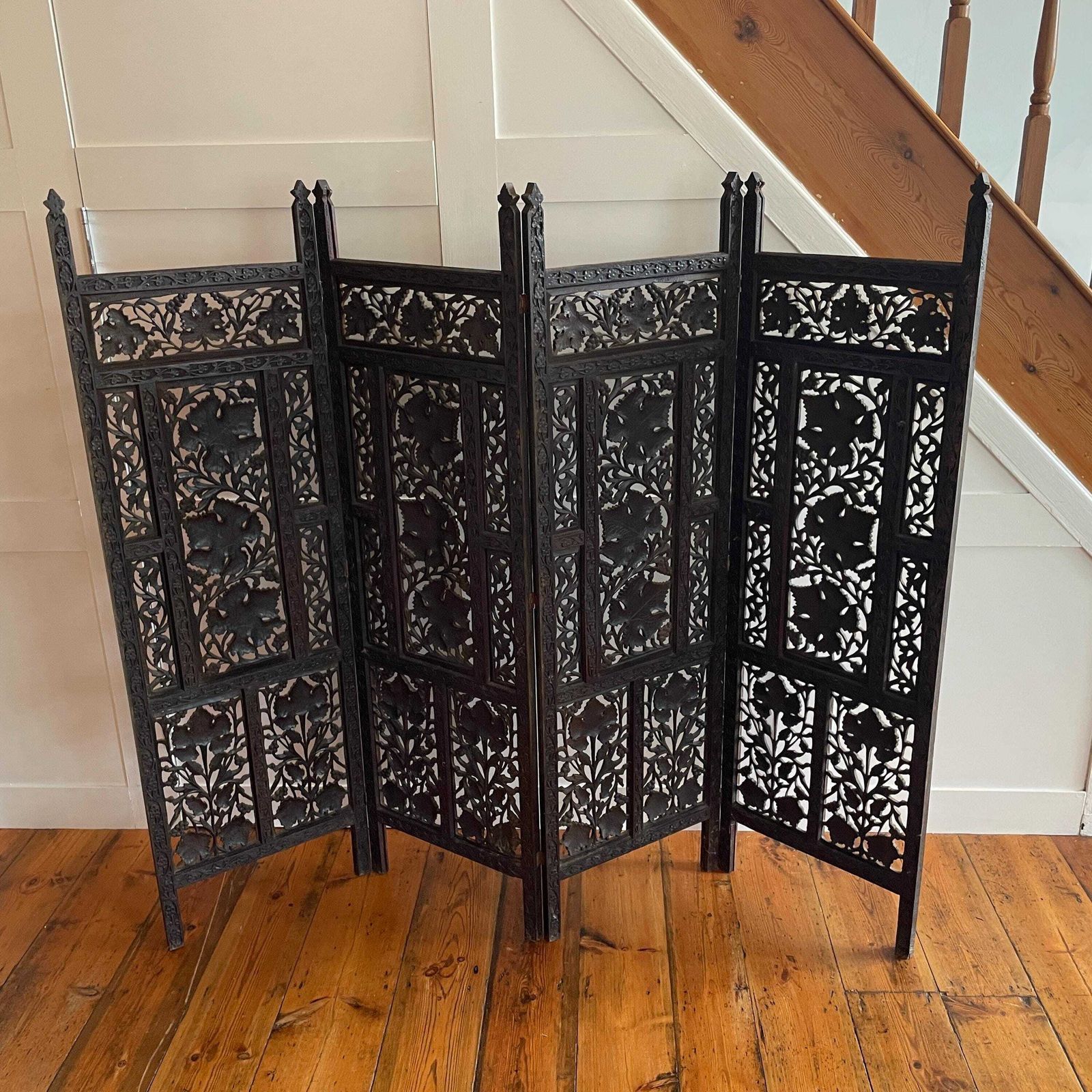 Indian Hand Carved Wood Folding Screen Floral Panels Room Divider Antique Wooden Large Intricate C.Late 19th/Earlier 20th Century photo furniture