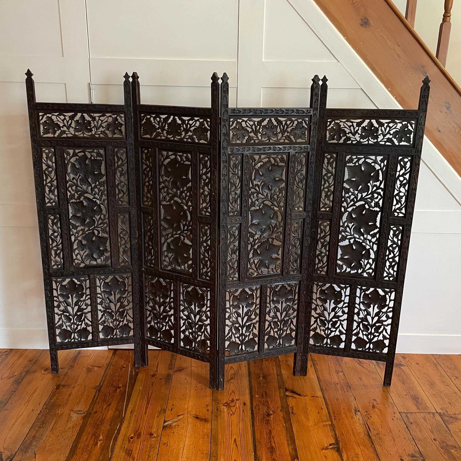 photo furniture Indian Hand Carved Wood Folding Screen Floral Panels Room Divider Antique Wooden Large Intricate C.Late 19th/Earlier 20th Century