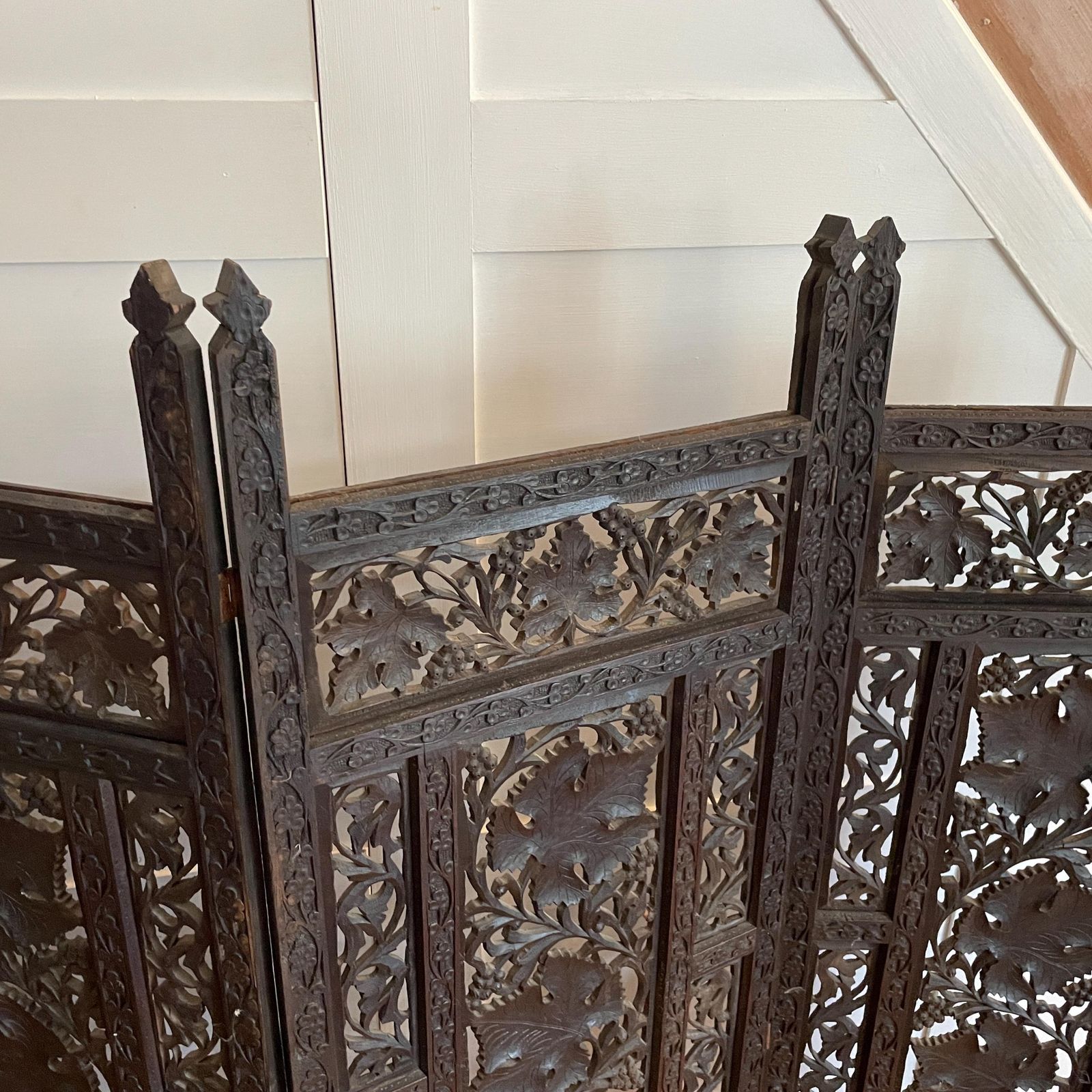Home Decor Indian Hand Carved Wood Folding Screen Floral Panels Room Divider Antique Wooden Large Intricate C.Late 19th/Earlier 20th Century photo