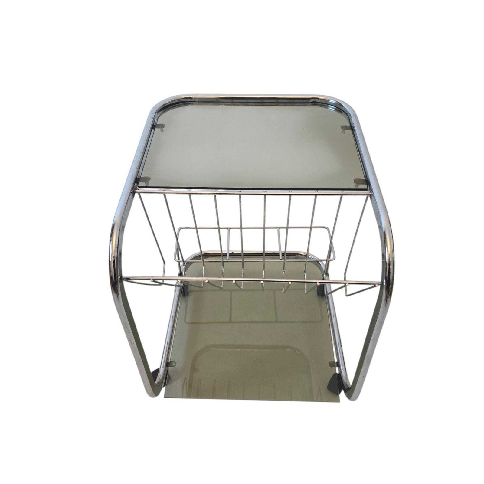 Mid Century Modern Smoky Glass And Chrome Side Table With Magazine Rack, Bar Cart photo 503.0