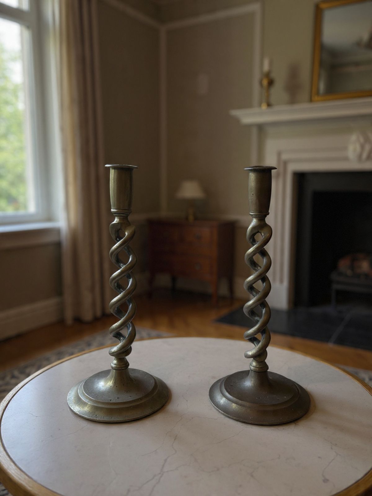 40.0 Large Pair Victorian Brass Candlestick Holders   Late 19th Century Open Barley Twist Design photo
