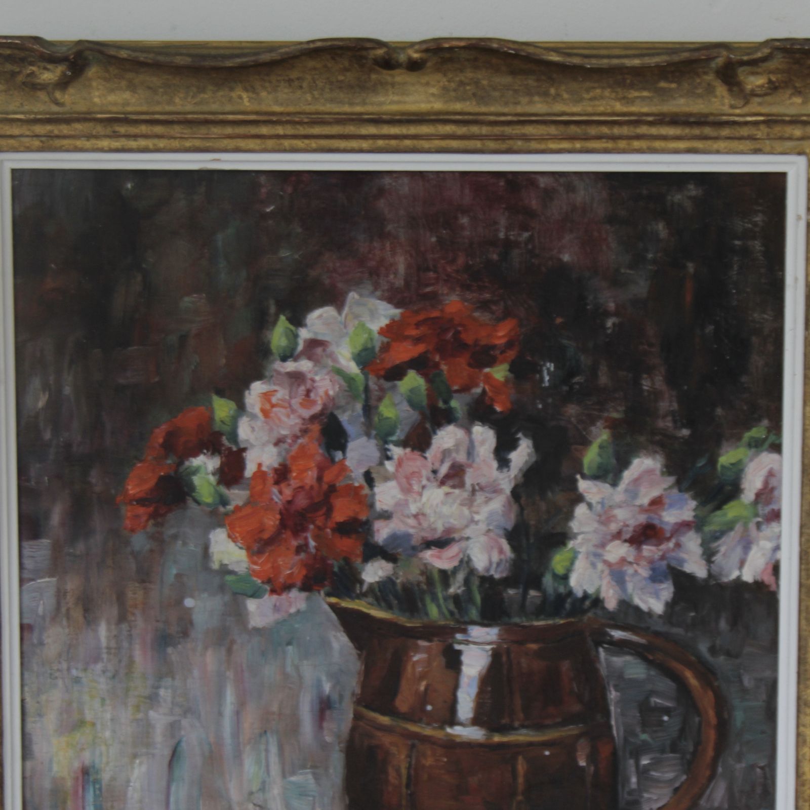 Framed Antique French Floral Painting, Oil On Canvas photo vintage