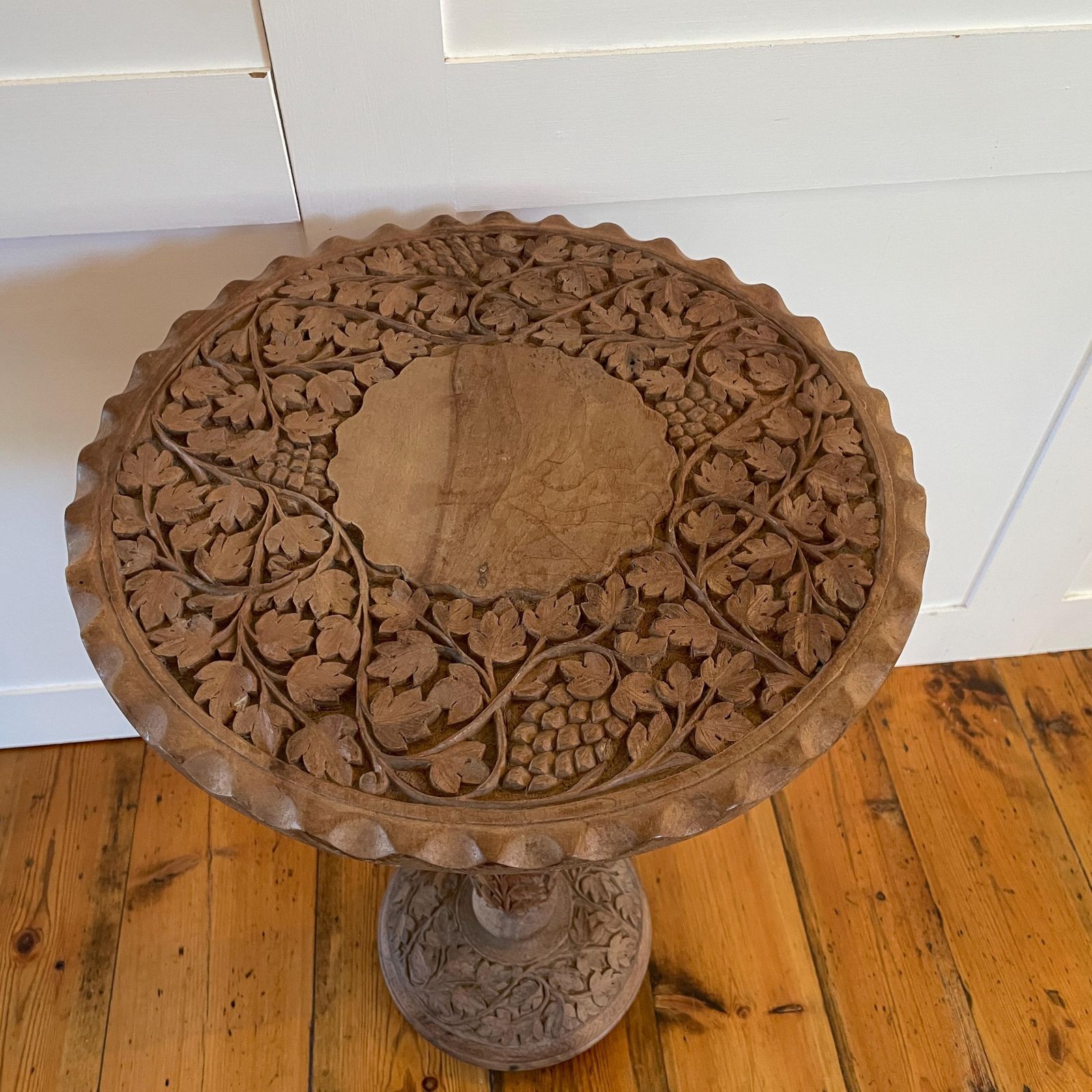 Antique Indian Carved Wood Pedestal Table Floral Motif Pattern Decorative Plant Stand End Table Hand Carved Round Circle Top photo buy