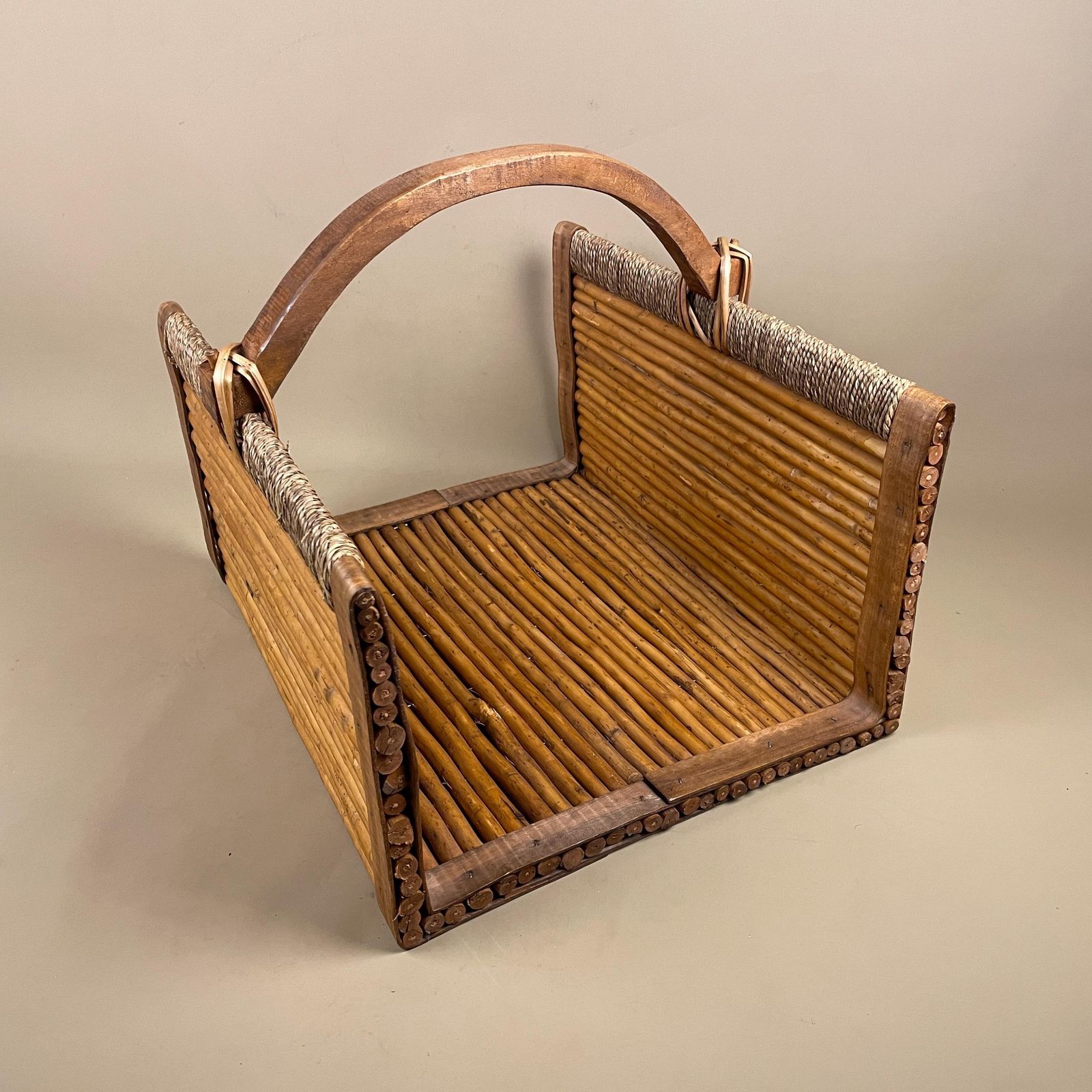 Rectangle Log Basket Woven Wicker Vintage Storage Cottage Farmhouse Decor Handle Wooden Bamboo Brown Beige Retro Display photo furniture