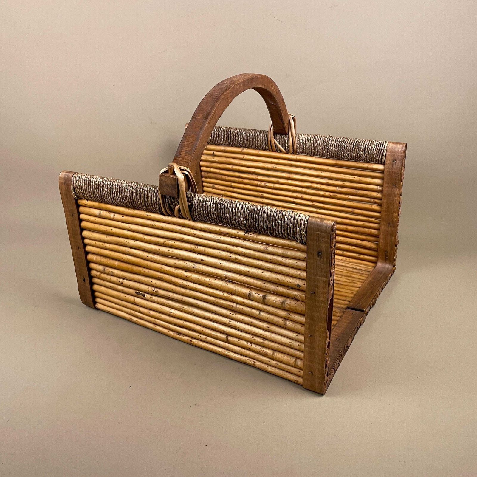 Rectangle Log Basket Woven Wicker Vintage Storage Cottage Farmhouse Decor Handle Wooden Bamboo Brown Beige Retro Display photo for sale