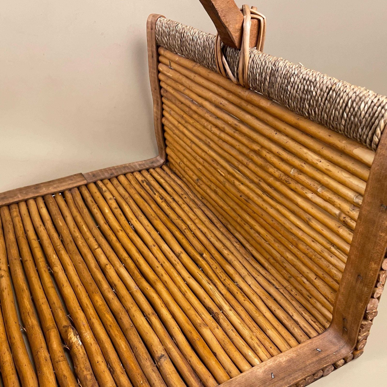 Rectangle Log Basket Woven Wicker Vintage Storage Cottage Farmhouse Decor Handle Wooden Bamboo Brown Beige Retro Display photo buy
