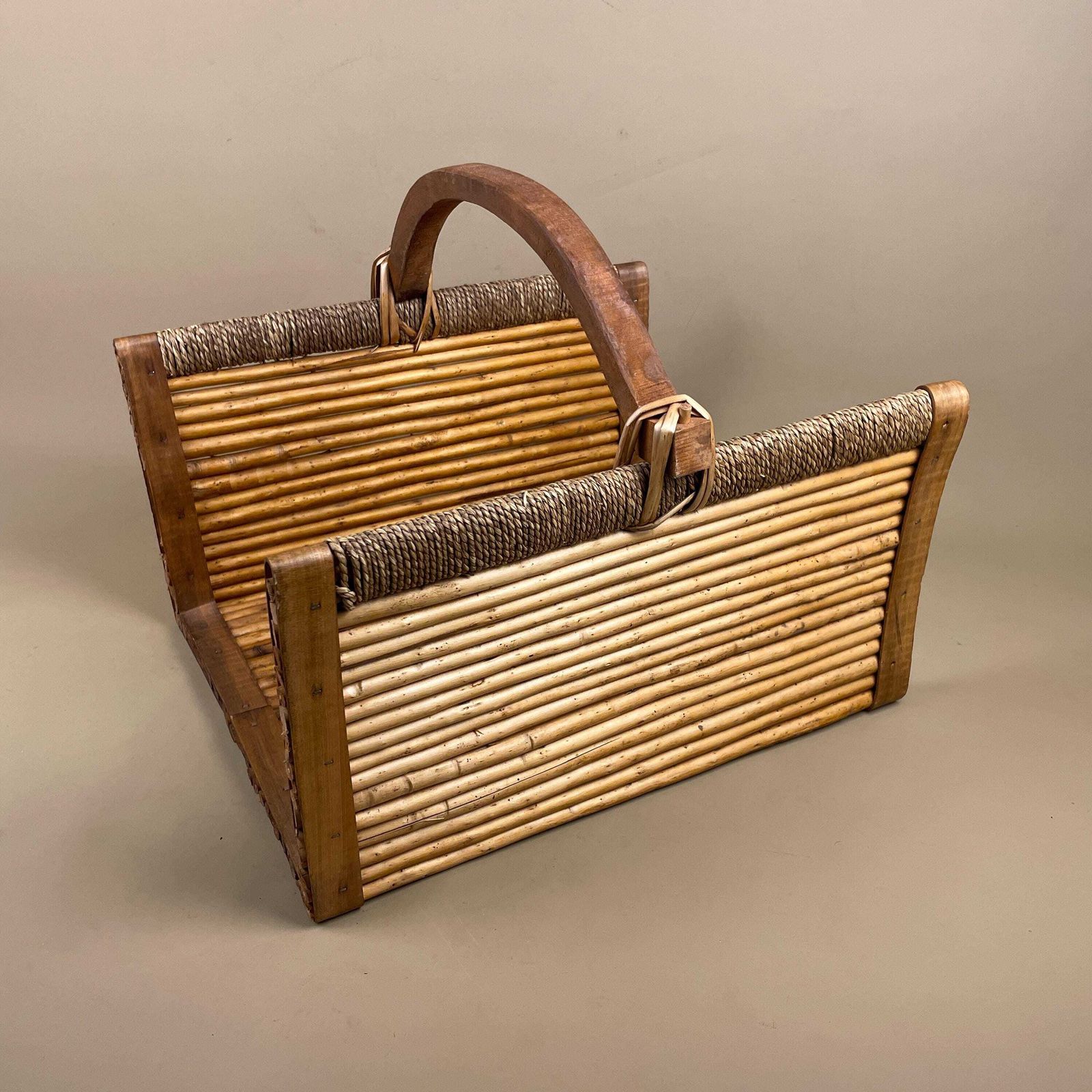 Rectangle Log Basket Woven Wicker Vintage Storage Cottage Farmhouse Decor Handle Wooden Bamboo Brown Beige Retro Display photo vintage