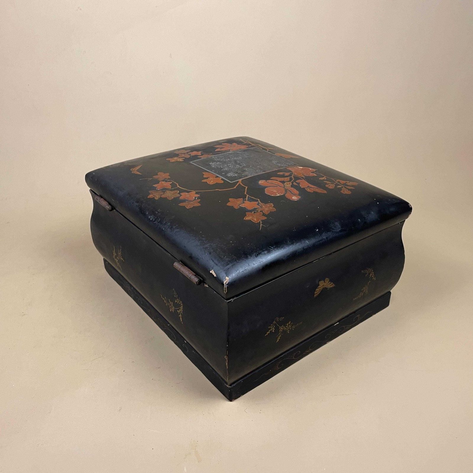 photo buy Antique Oriental Lacquer Box Black Painted Jewellery Sewing Box Floral Pattern Asian Chinoiserie Storage Chest Dressing Table Decor