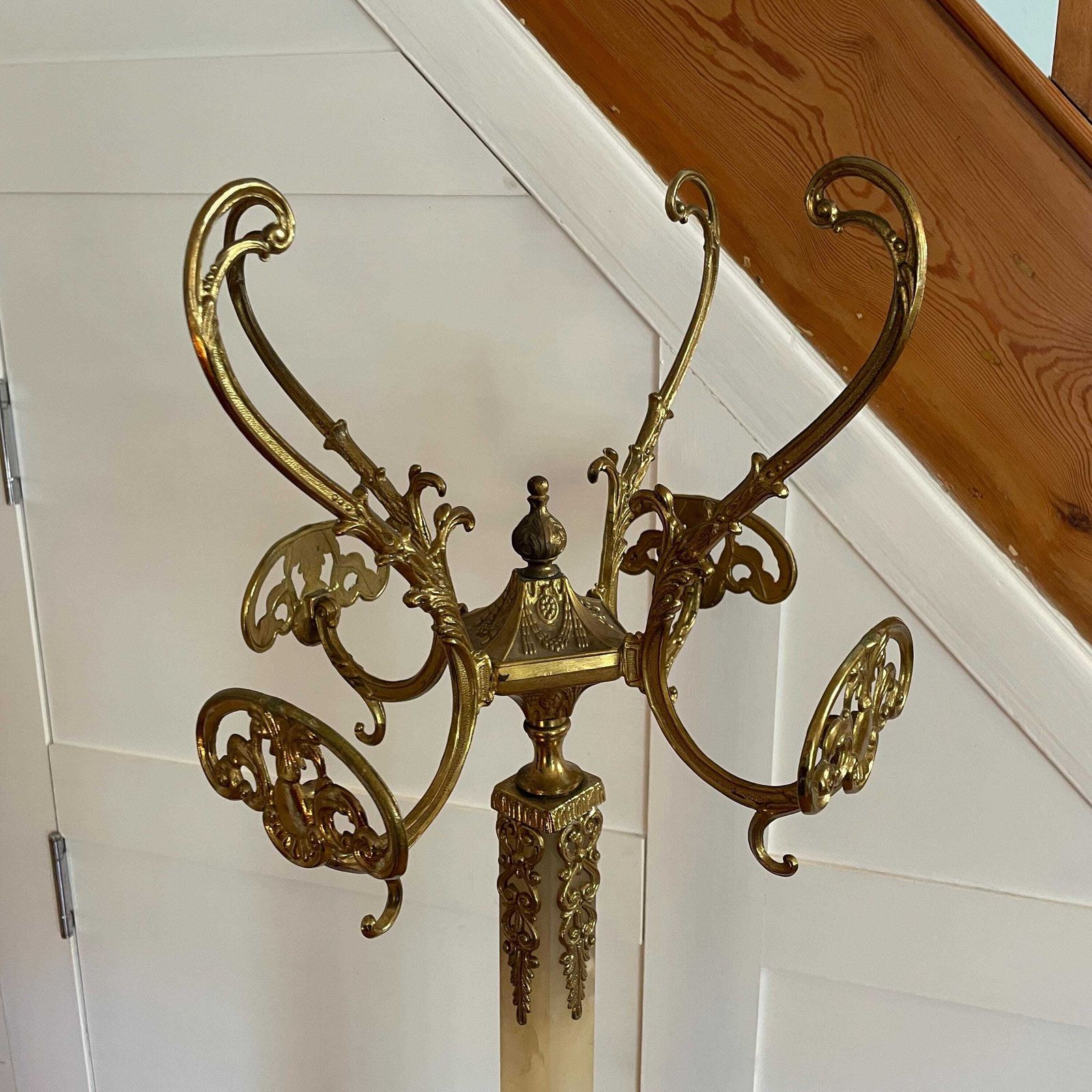 Italian Hollywood Regency Style Hall Tree Stand Standing Coat Hat Rack Marble Onyx Brass Entryway Decor Mid Century C.1960s photo furniture
