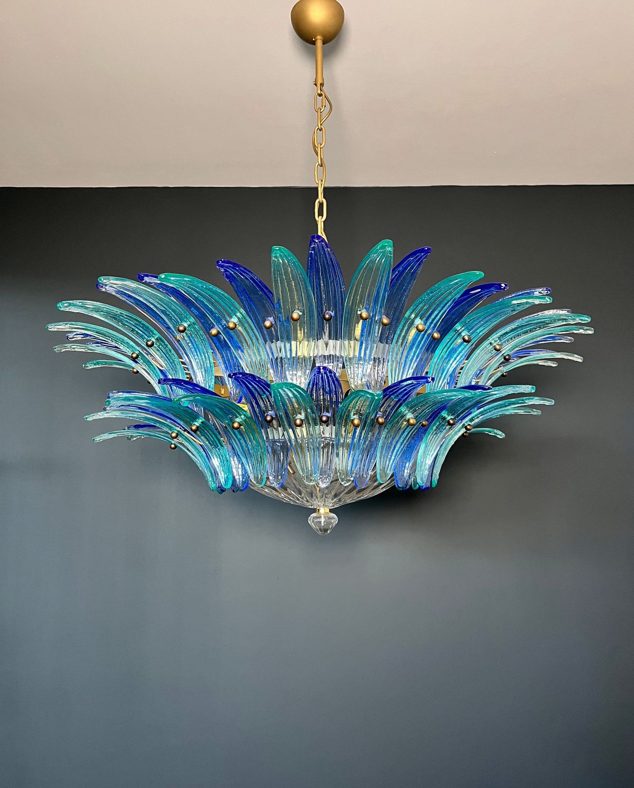 Murano Chandelier Original Palmette, Two Levels, 82 Blue And Turquoise Glasses Clear Glasses photo vinterior