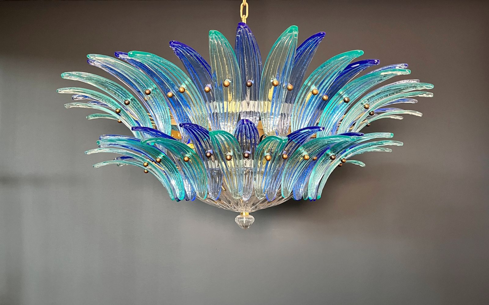 Murano Chandelier Original Palmette, Two Levels, 82 Blue And Turquoise Glasses Clear Glasses