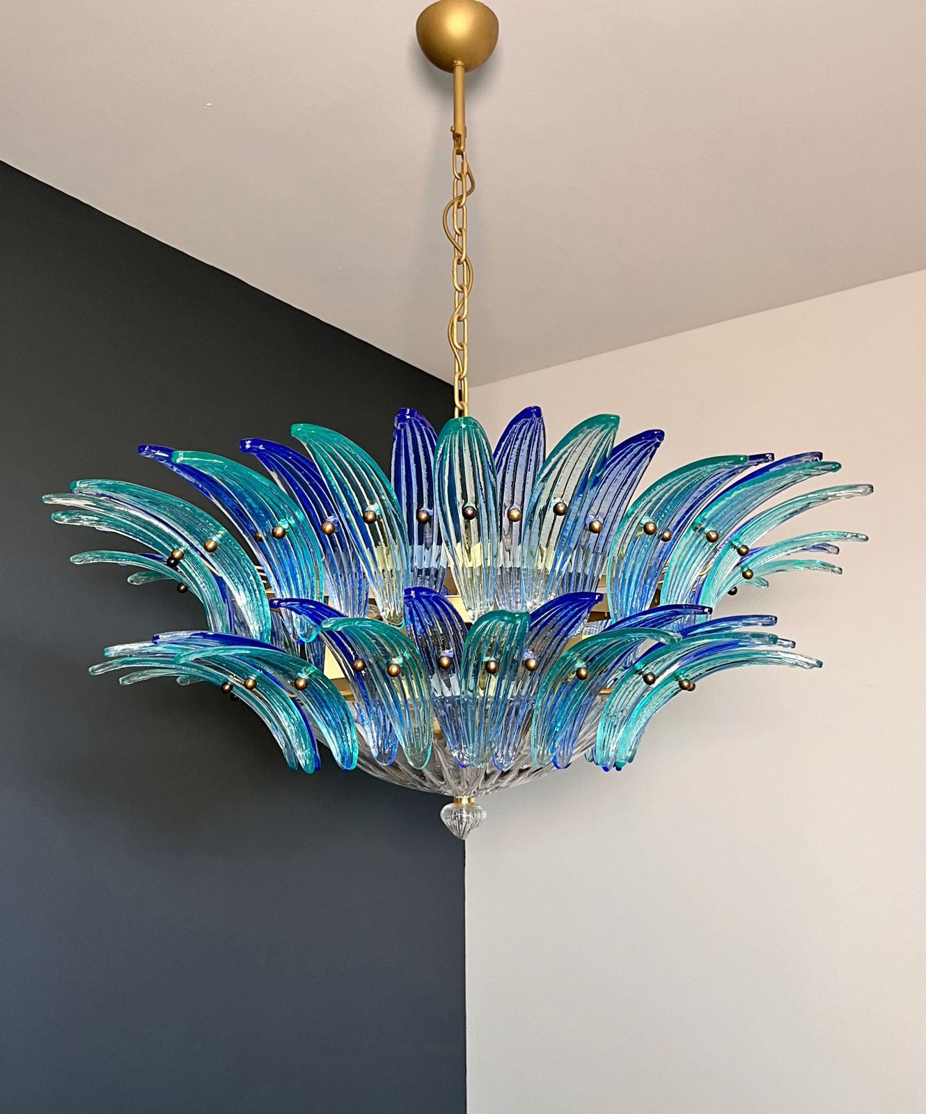 photo furniture Murano Chandelier Original Palmette, Two Levels, 82 Blue And Turquoise Glasses Clear Glasses