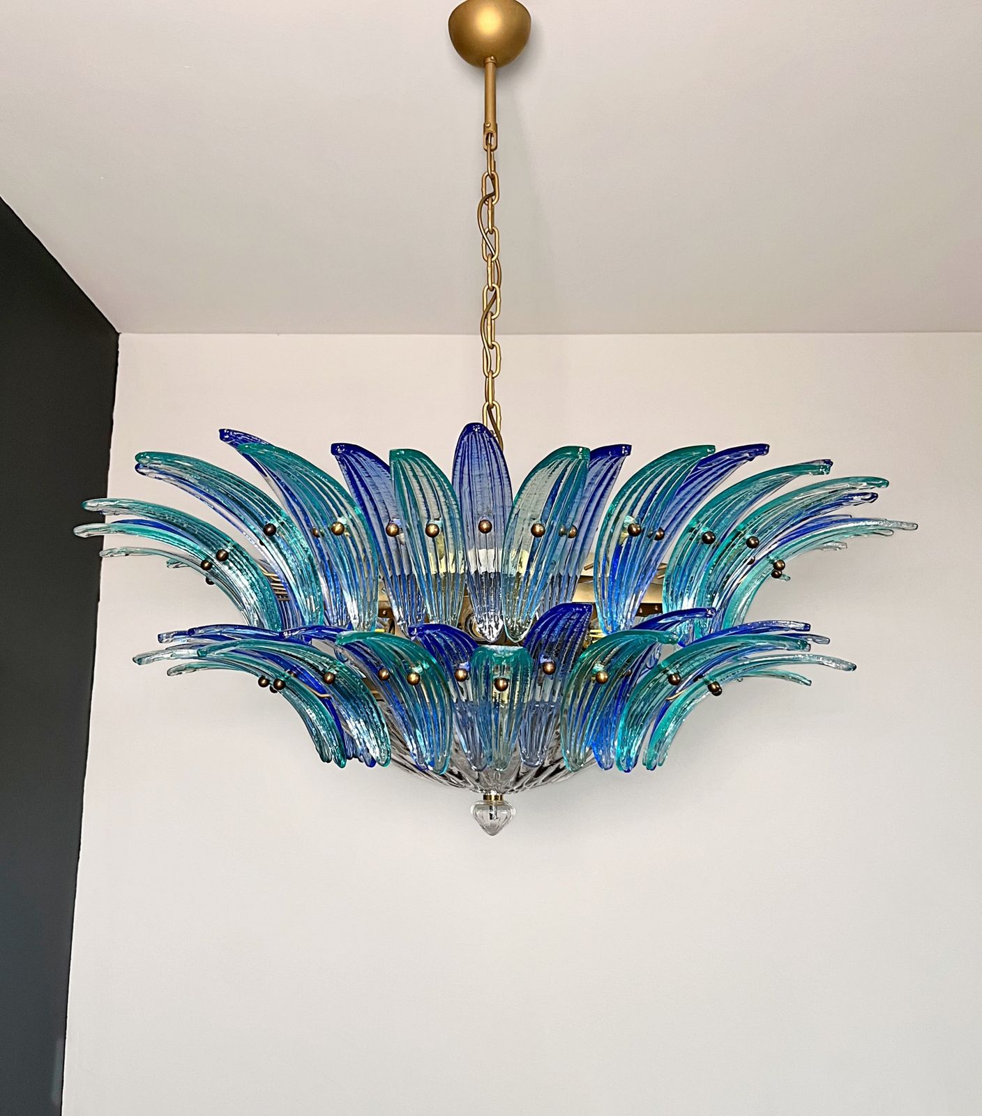 photo for sale Murano Chandelier Original Palmette, Two Levels, 82 Blue And Turquoise Glasses Clear Glasses