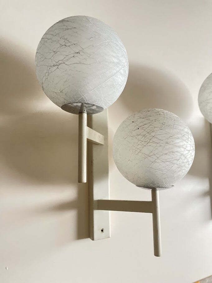 photo for sale Mid Century Modern Double Globe Wall Sconce With Crackle Opaline Glass, Swiss 1960s