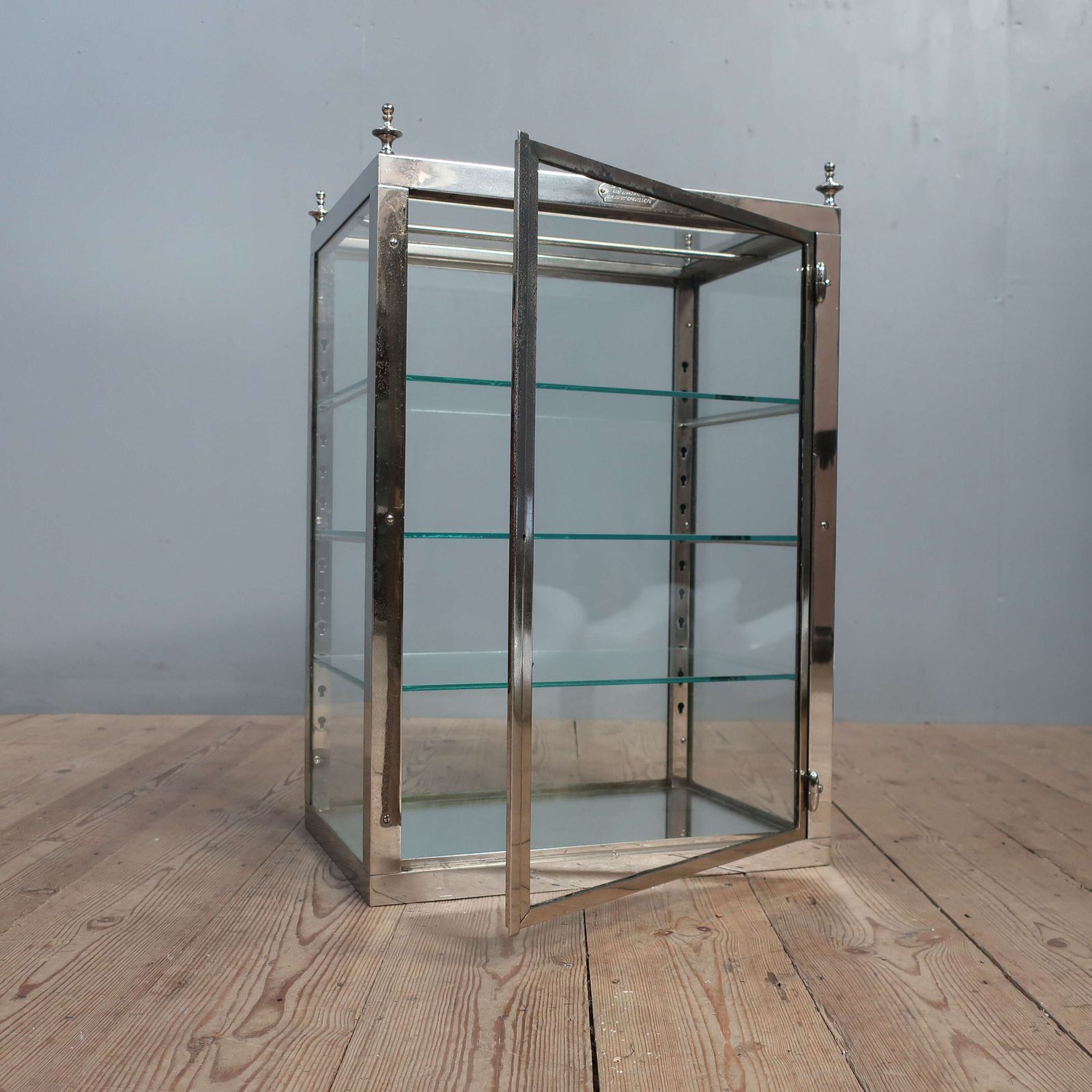 French Nickel On Brass Glazed Vitrine Cabinet