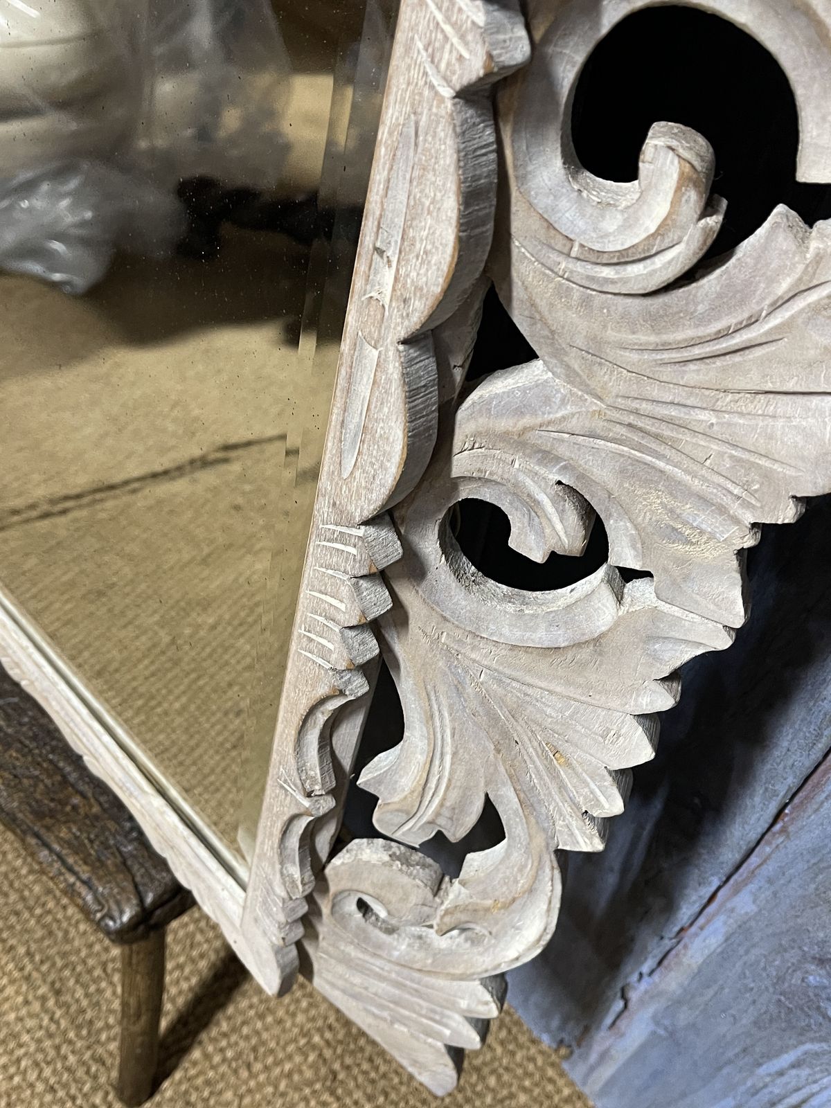 19th Century Italian Large Carved Oak Limed Mirror photo furniture