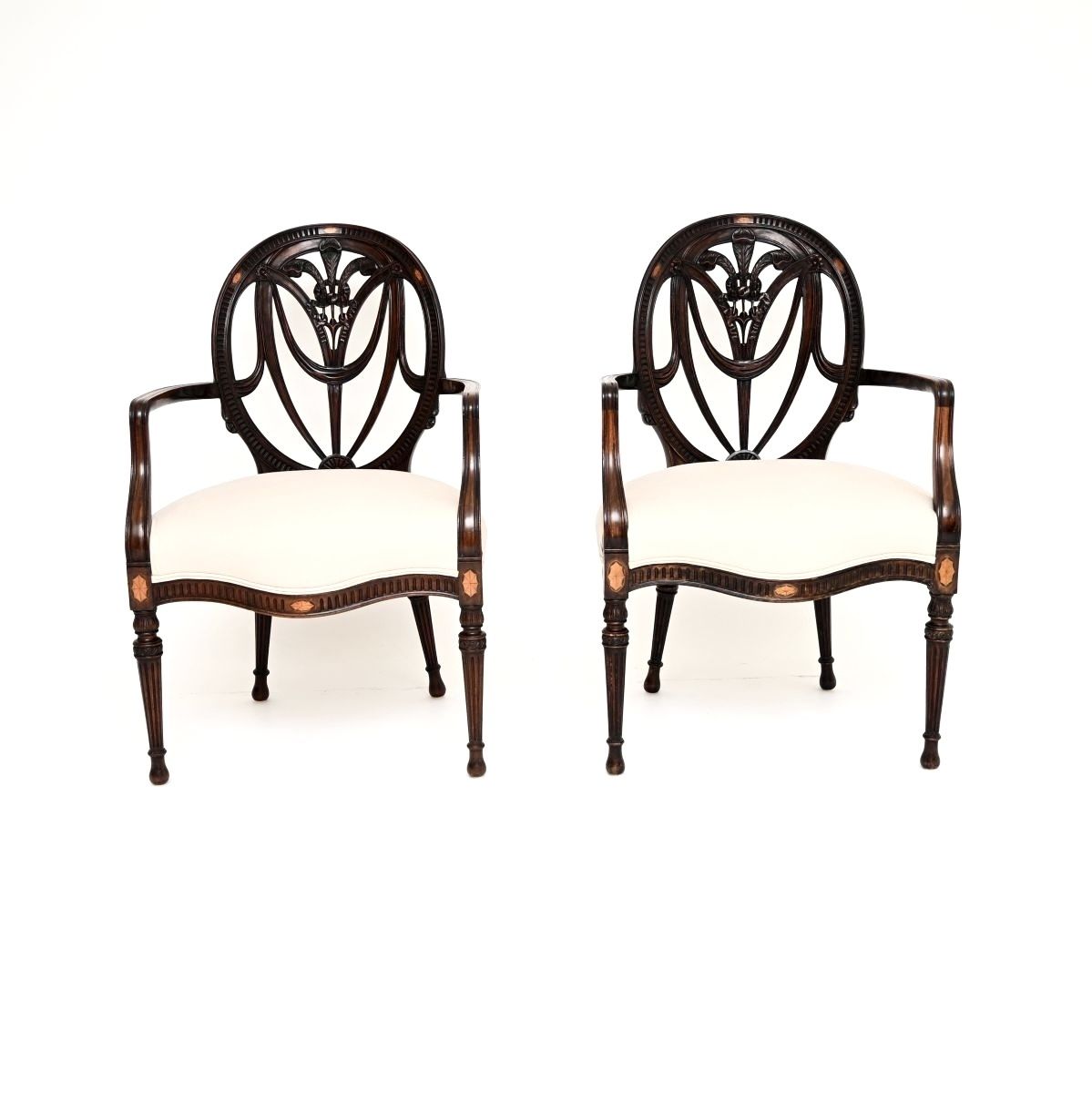 Pair Of Antique Edwardian Inlaid Mahogany Carver Armchairs photo furniture