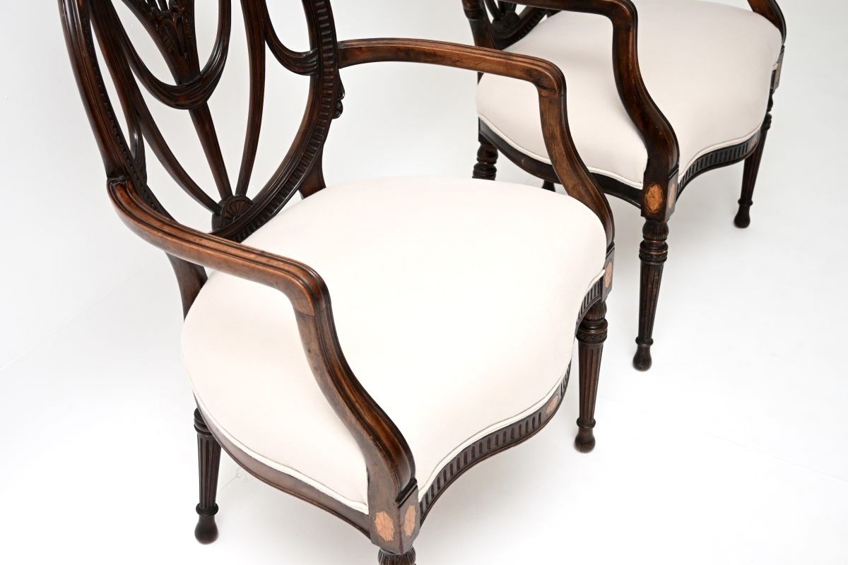 Pair Of Antique Edwardian Inlaid Mahogany Carver Armchairs photo vinterior