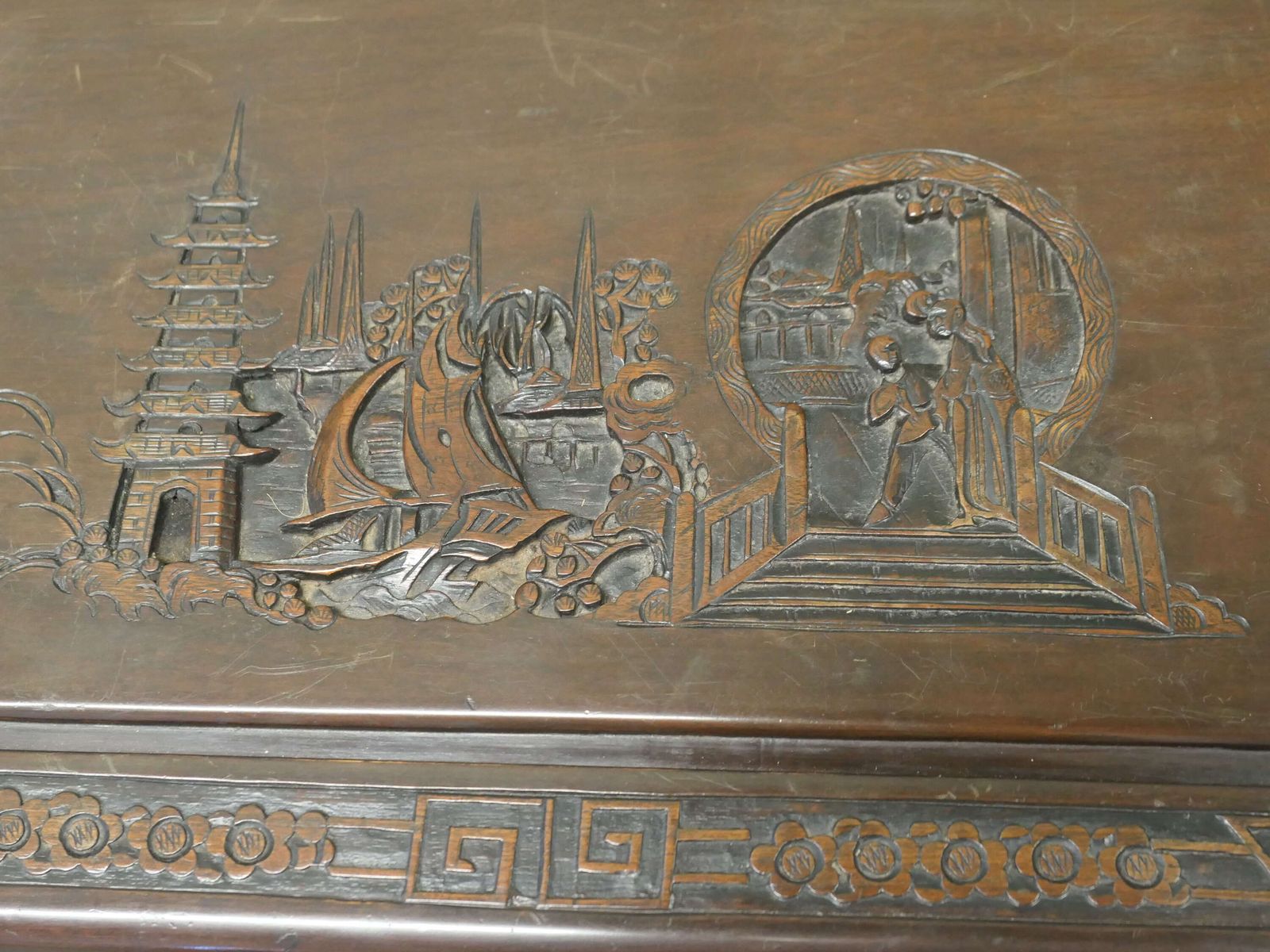 Art Deco Oriental Carved Dark Camphor Wood Chest photo furniture