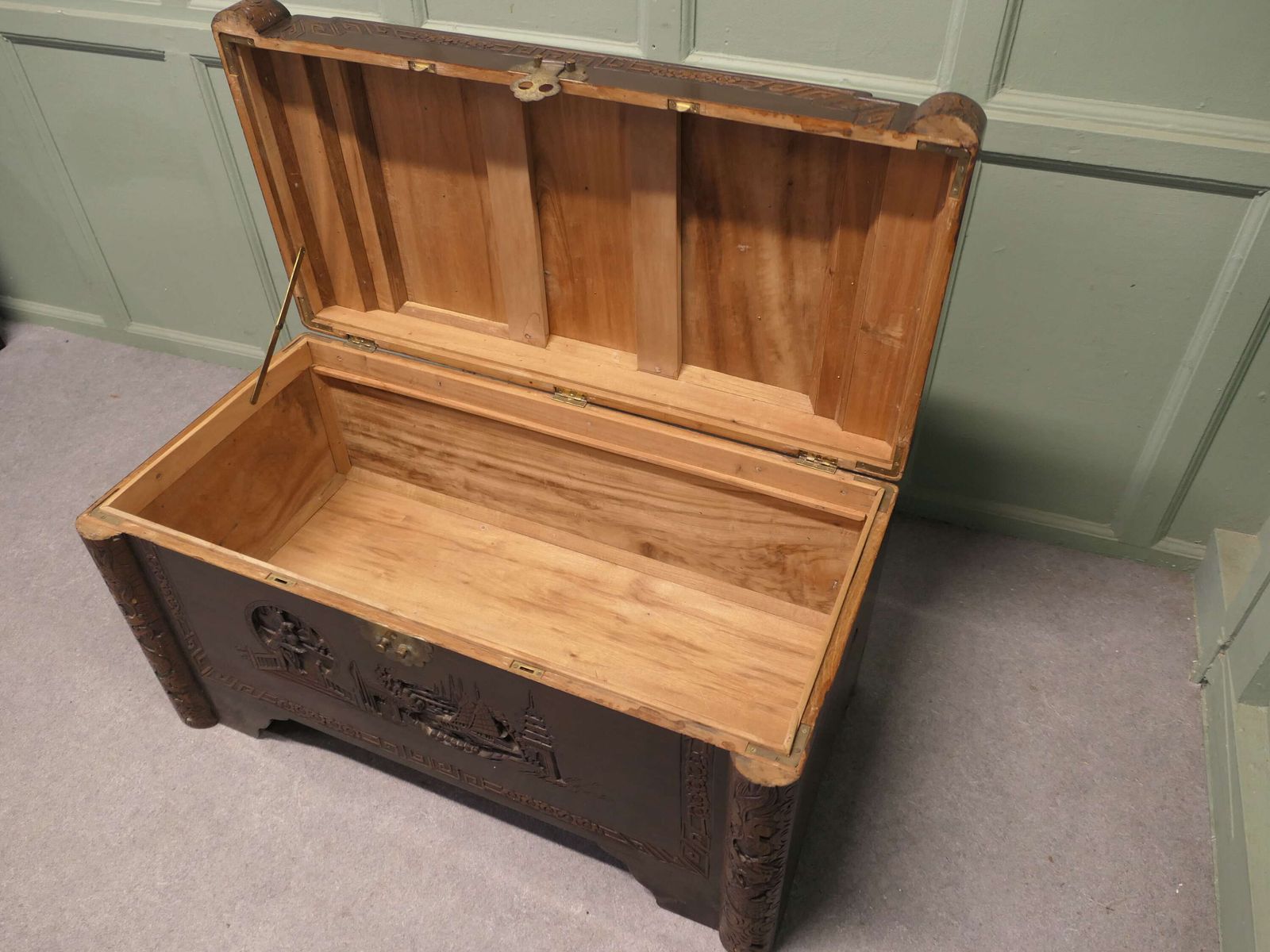 Art Deco Oriental Carved Dark Camphor Wood Chest photo 570.0