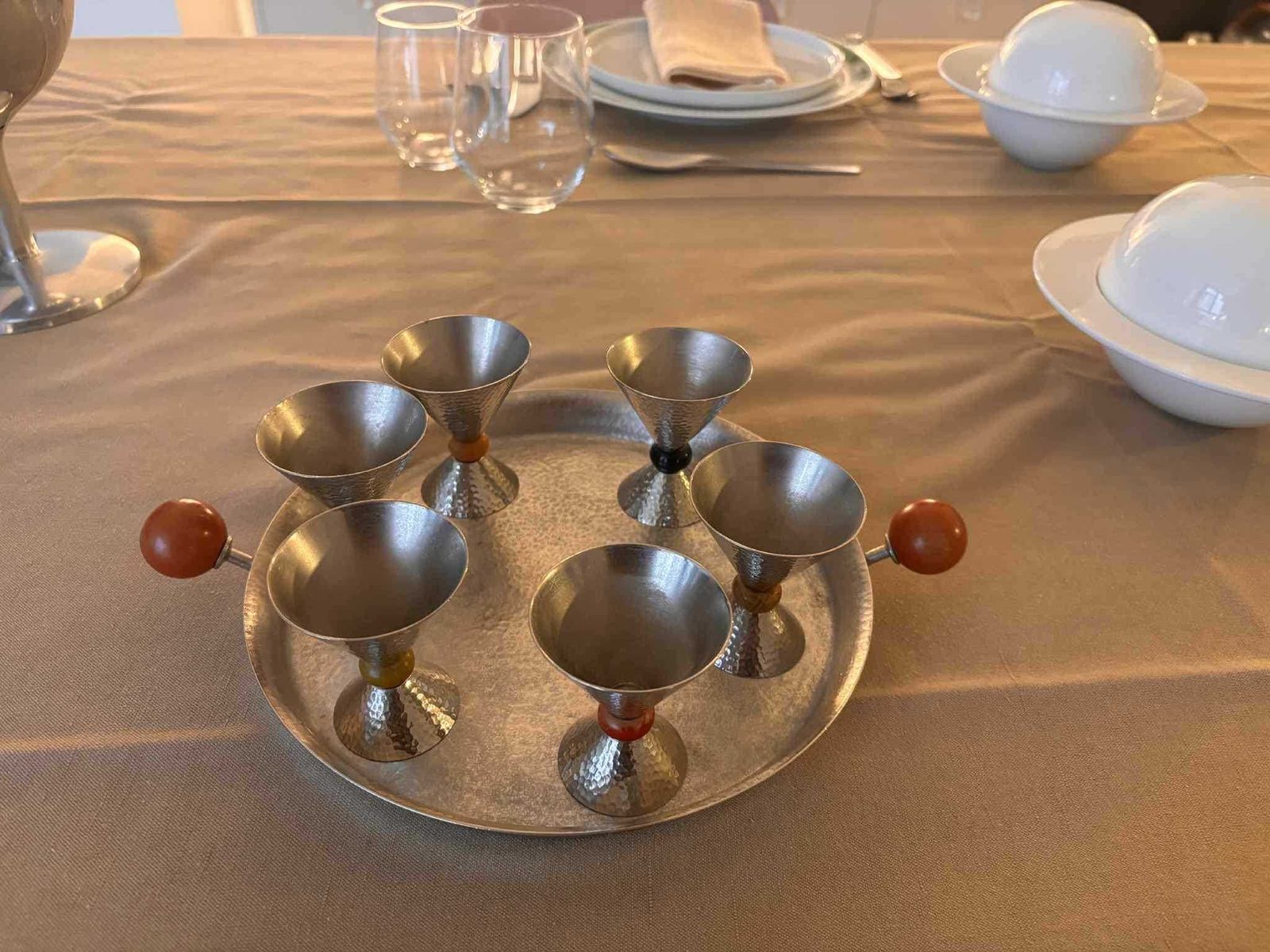 photo furniture Vintage Memphis Style Liquor Set – Hammered Matte Steel Tray With 6 Cups – Germany 1980s