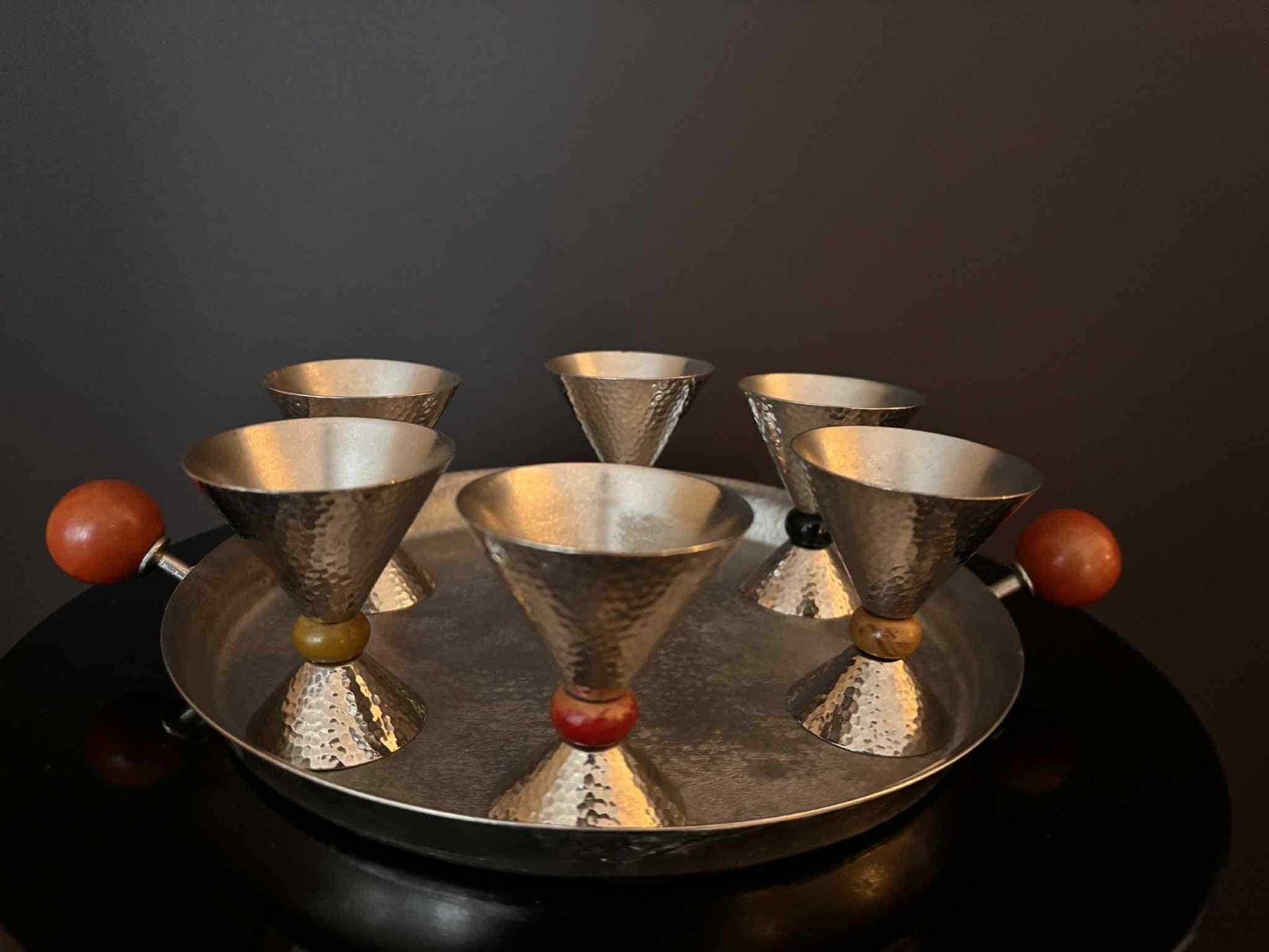 216.0 Vintage Memphis Style Liquor Set – Hammered Matte Steel Tray With 6 Cups – Germany 1980s photo