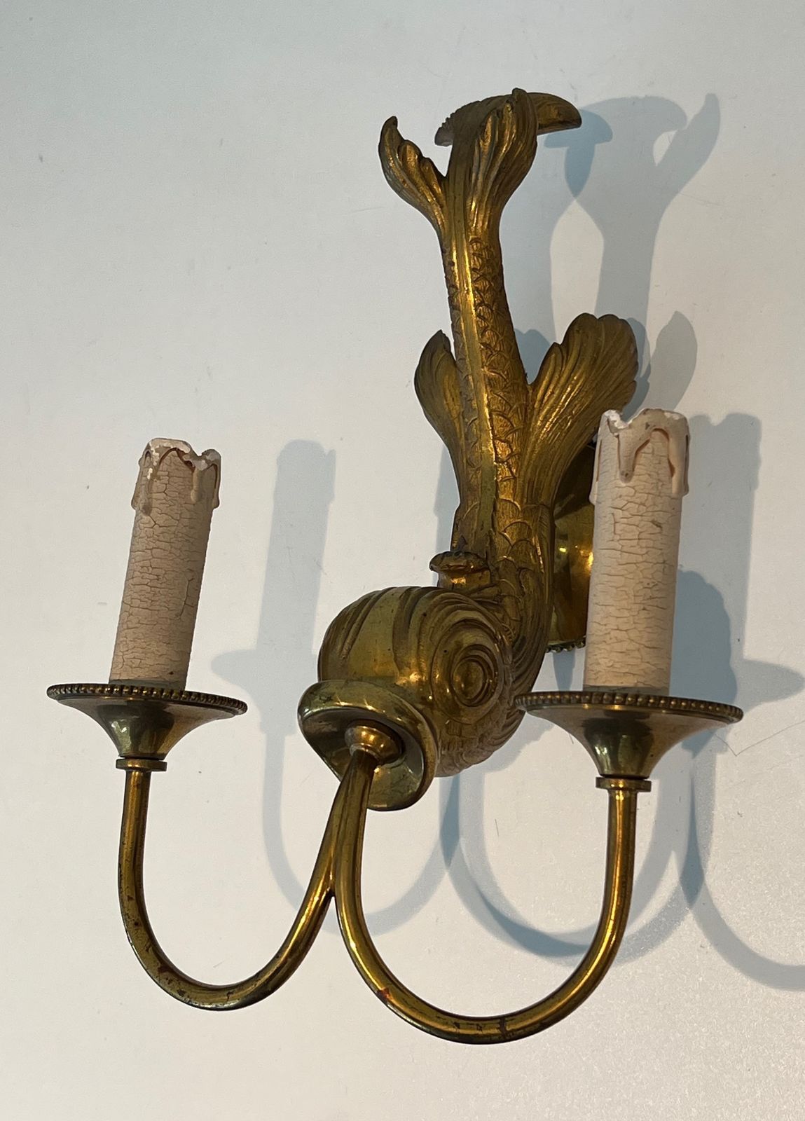photo vintage Pair Of Bronze Dolphin Wall Sconces By Maison Jansen