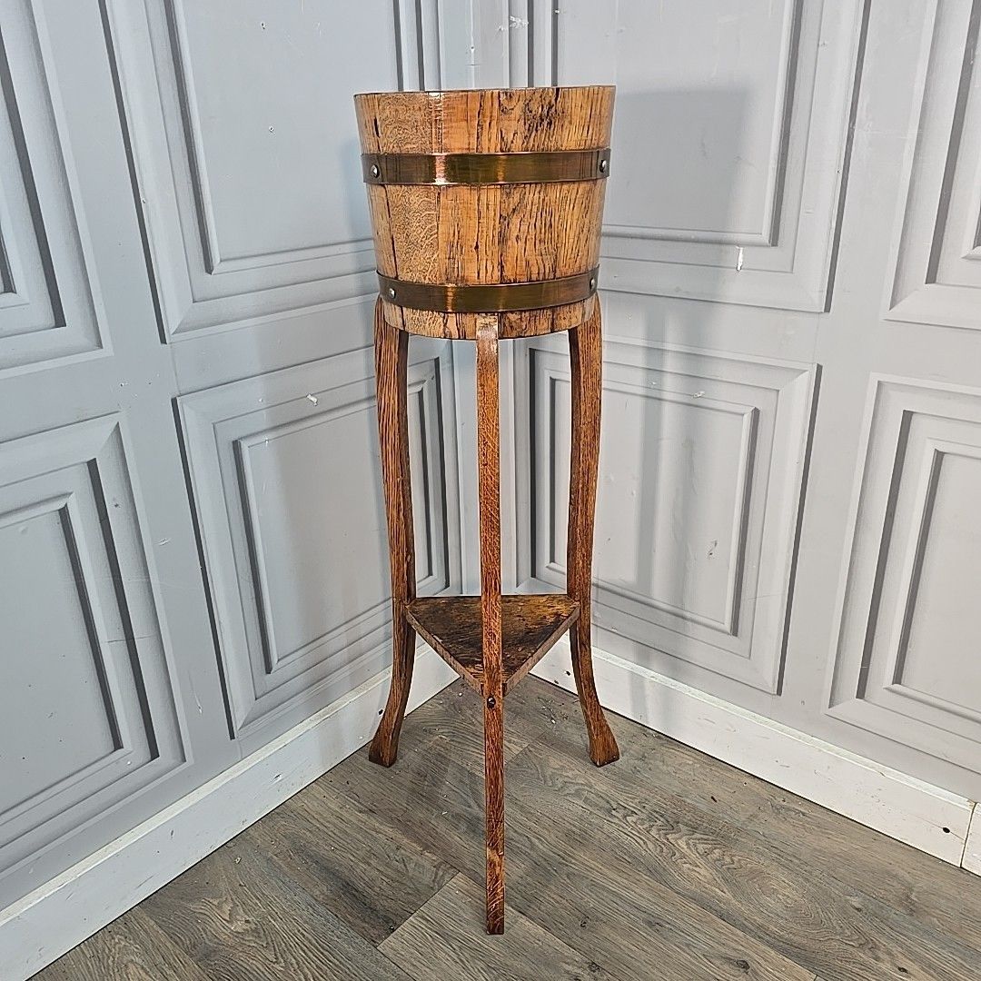 Antique Jardiniere Plant Stand Oak Barrel Planter Edwardian R A Lister & Co photo furniture