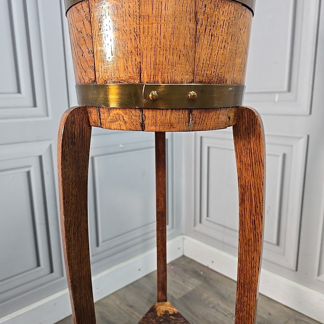 290.0 Antique Jardiniere Plant Stand Oak Barrel Planter Edwardian R A Lister & Co photo