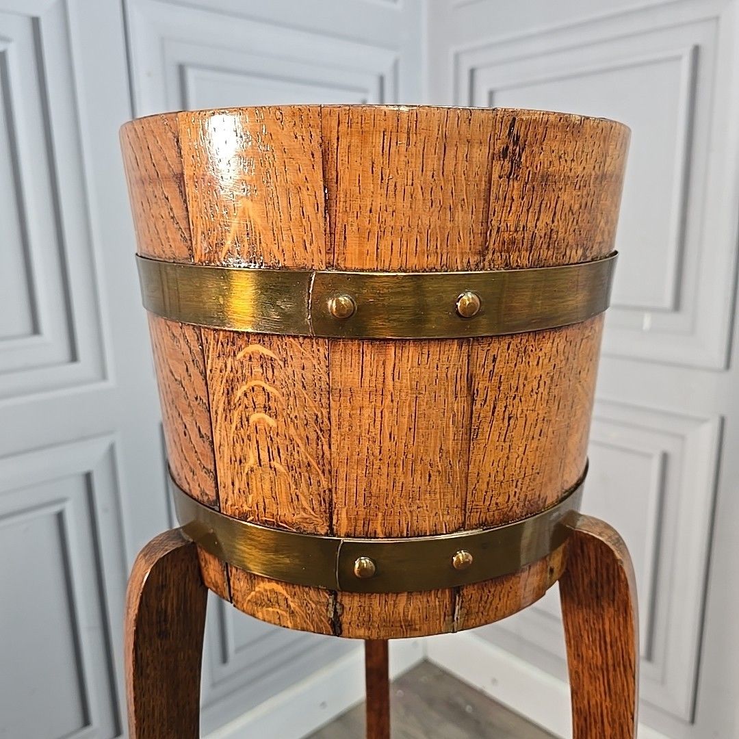 photo vinterior Antique Jardiniere Plant Stand Oak Barrel Planter Edwardian R A Lister & Co