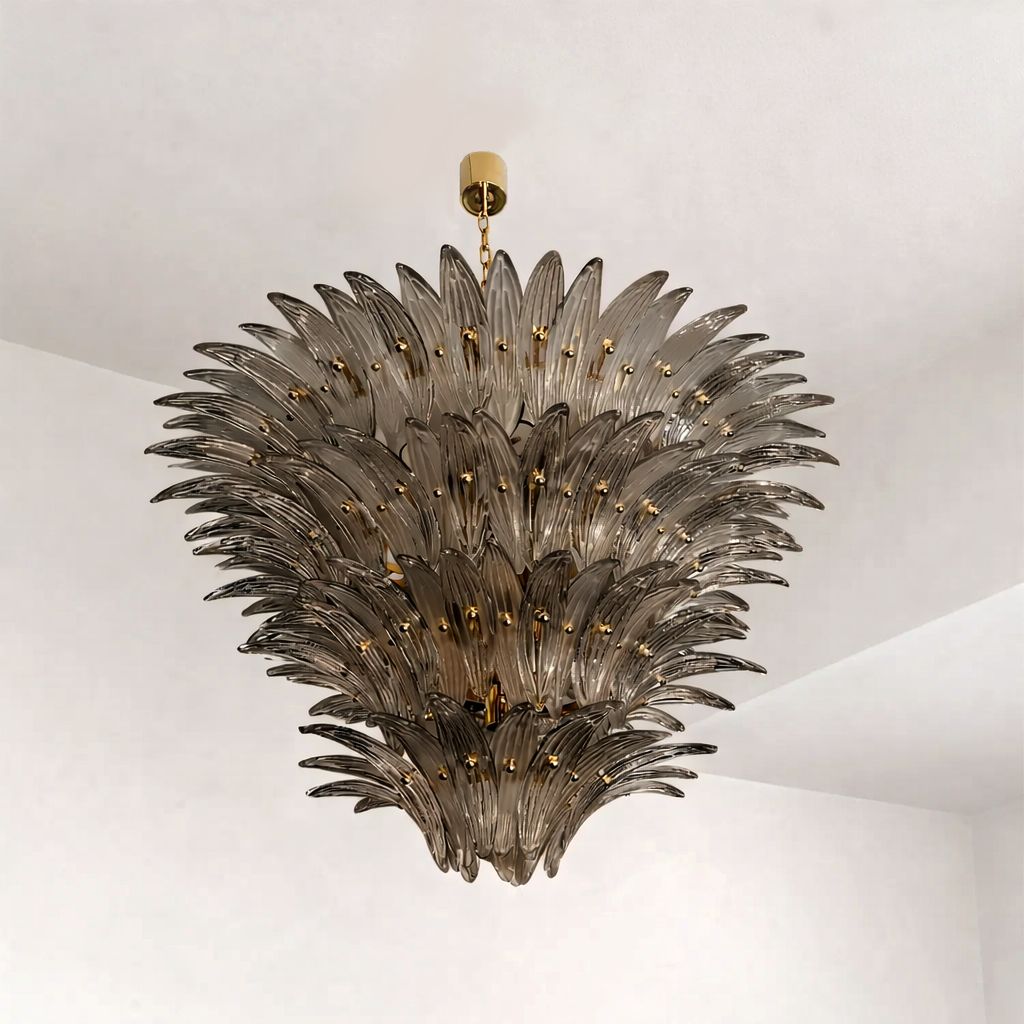 Luxury Venetian Smoked Fumè “Palmette” Murano Glass Plating Gold Chandelier photo furniture