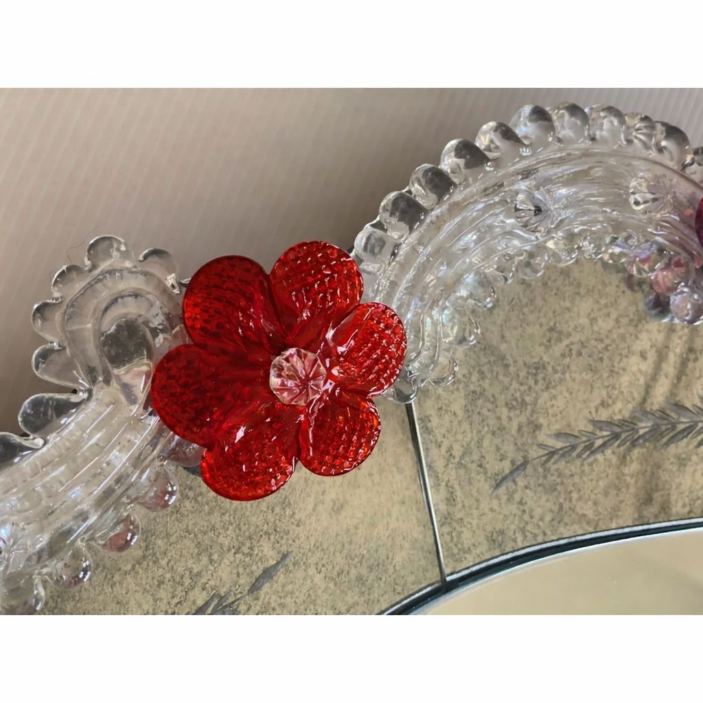 6165.0 Venetian Murano Glass Oval Floral Wall Mirror – Hand Carved Italian Art photo