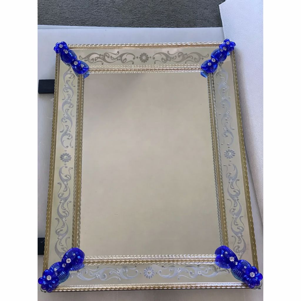 Contemporary Venetian Murano Glass Wall Mirror With Green Floral Hand Carved photo for sale