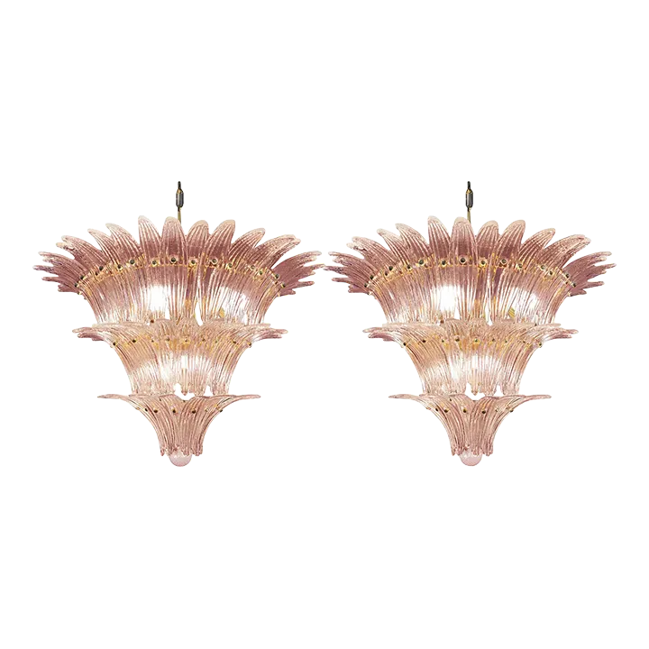Lot Of 2 Mid Century Modern Pink “Palmette” Murano Glass Chandeliers A Pair