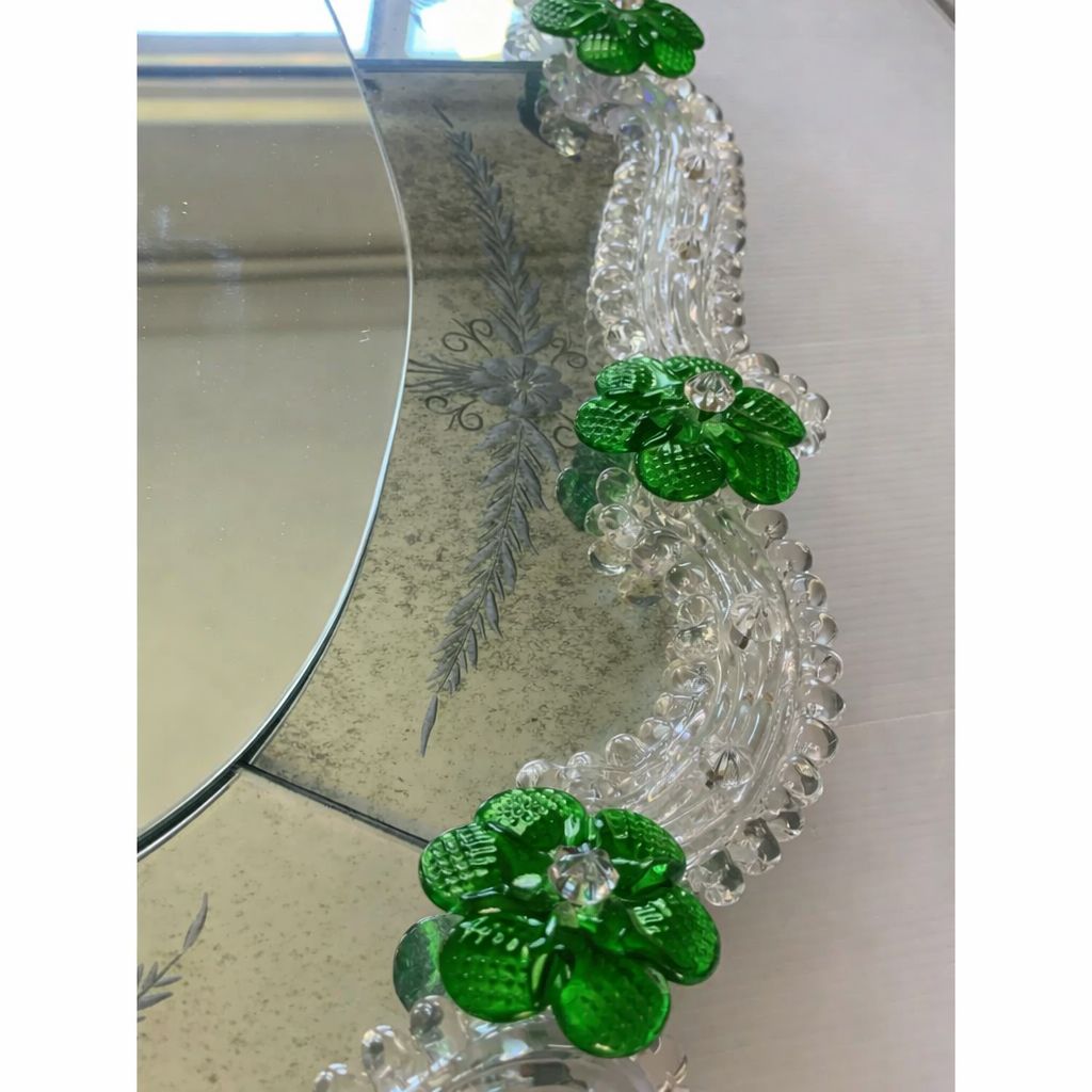 Venetian Murano Glass Oval Floral Wall Mirror – Hand Carved Italian Art photo for sale