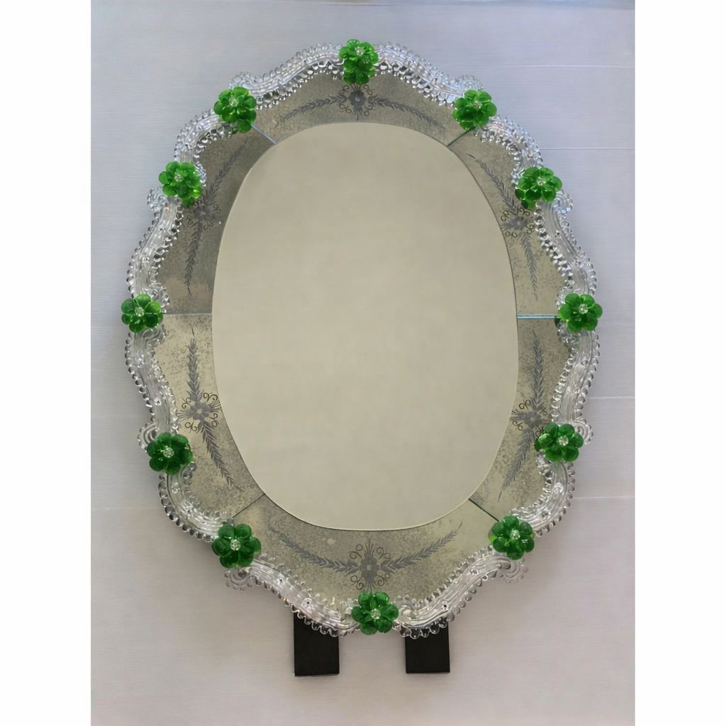 Venetian Murano Glass Oval Floral Wall Mirror – Hand Carved Italian Art photo buy