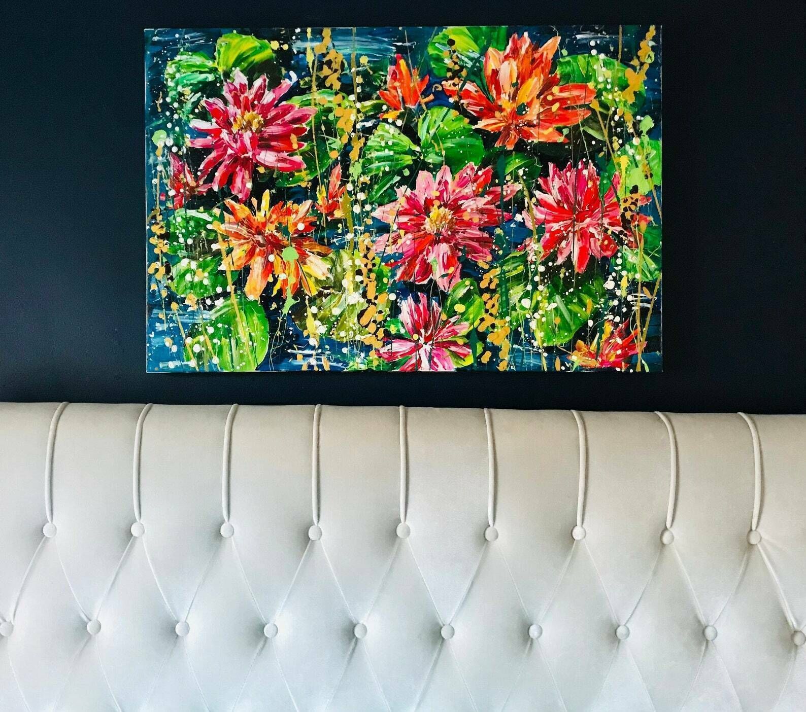 Pollyanna…Large Hand Painted Acrylic Original Lily Pad Floral Leaf Artwork. Green/Blue/Red/Pink/Orange ..Acrylic Paint On Canvas 90cm X 60cm photo furniture